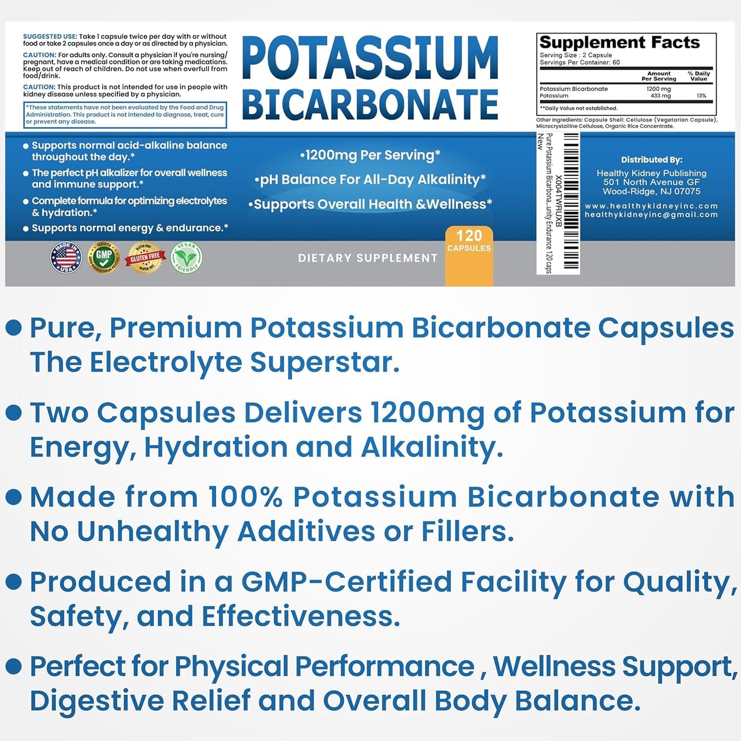 Kidney Restore Potassium Bicarbonate Supplement Capsules, 240 Capsules