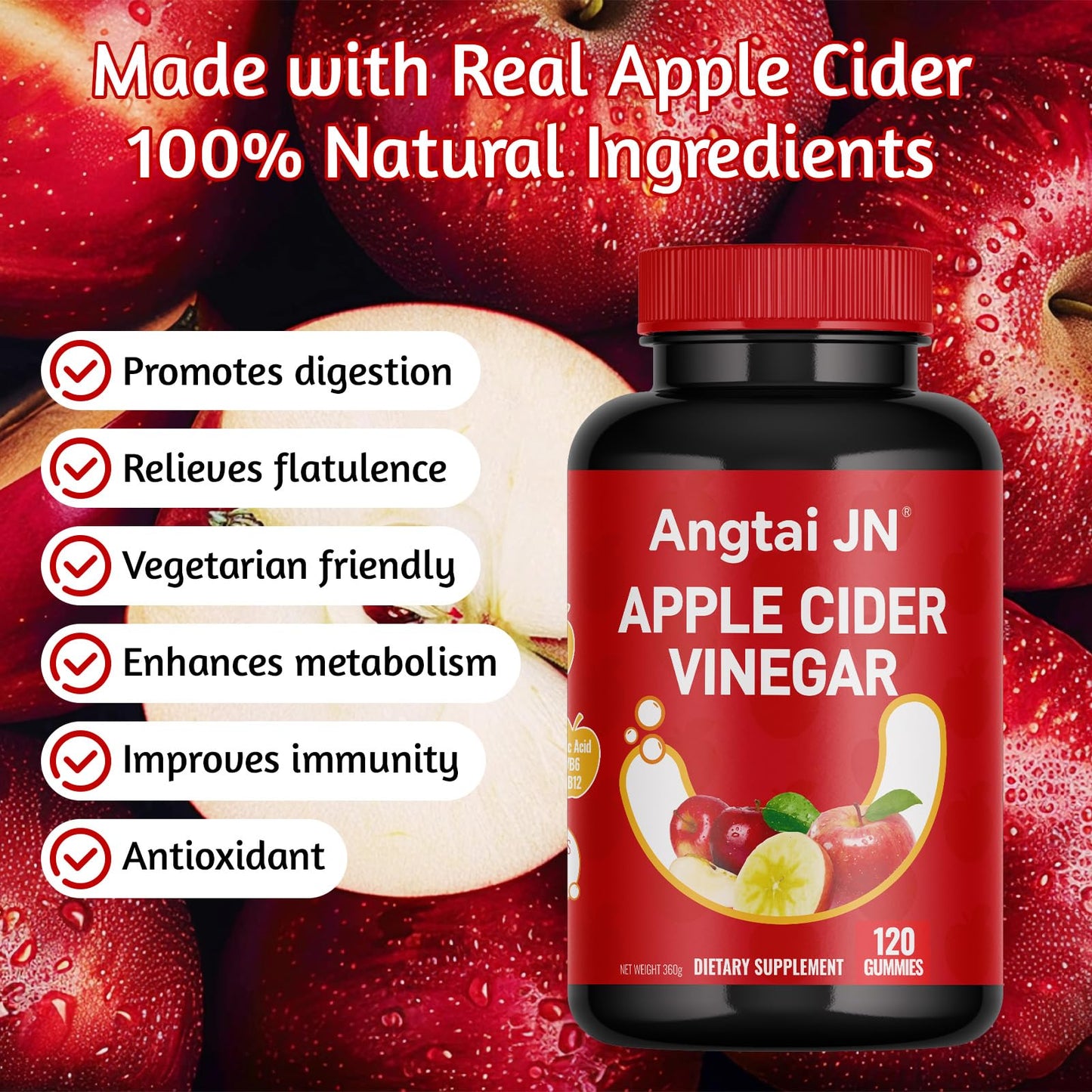 Angtai JN Apple Cider Vinegar Gummies 1000mg, 120 Count