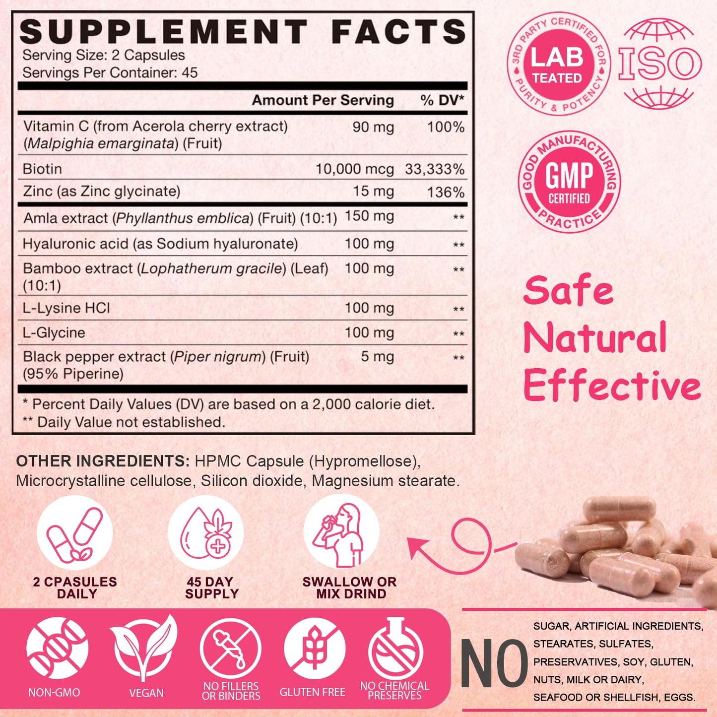 VEGEPOWER Vegan Collagen Booster with Biotin 10,000 mcg, Hyaluronic Acid, Bamboo Silica, Vitamin C & Zinc, Plant Based Hair Skin & Nails Support, 90 Capsules