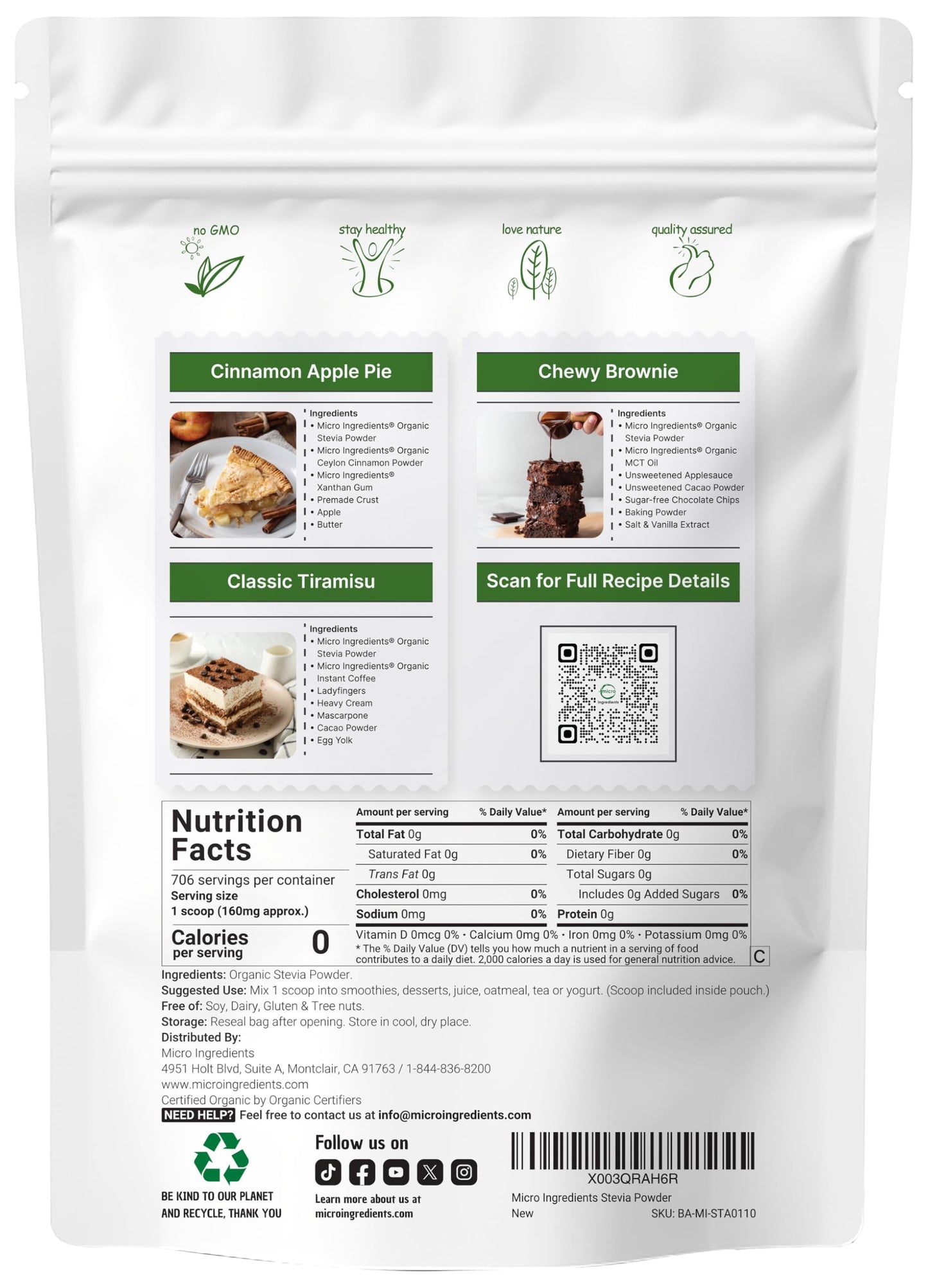 Micro Ingredients Pure Organic Stevia Powder, 4 Ounce