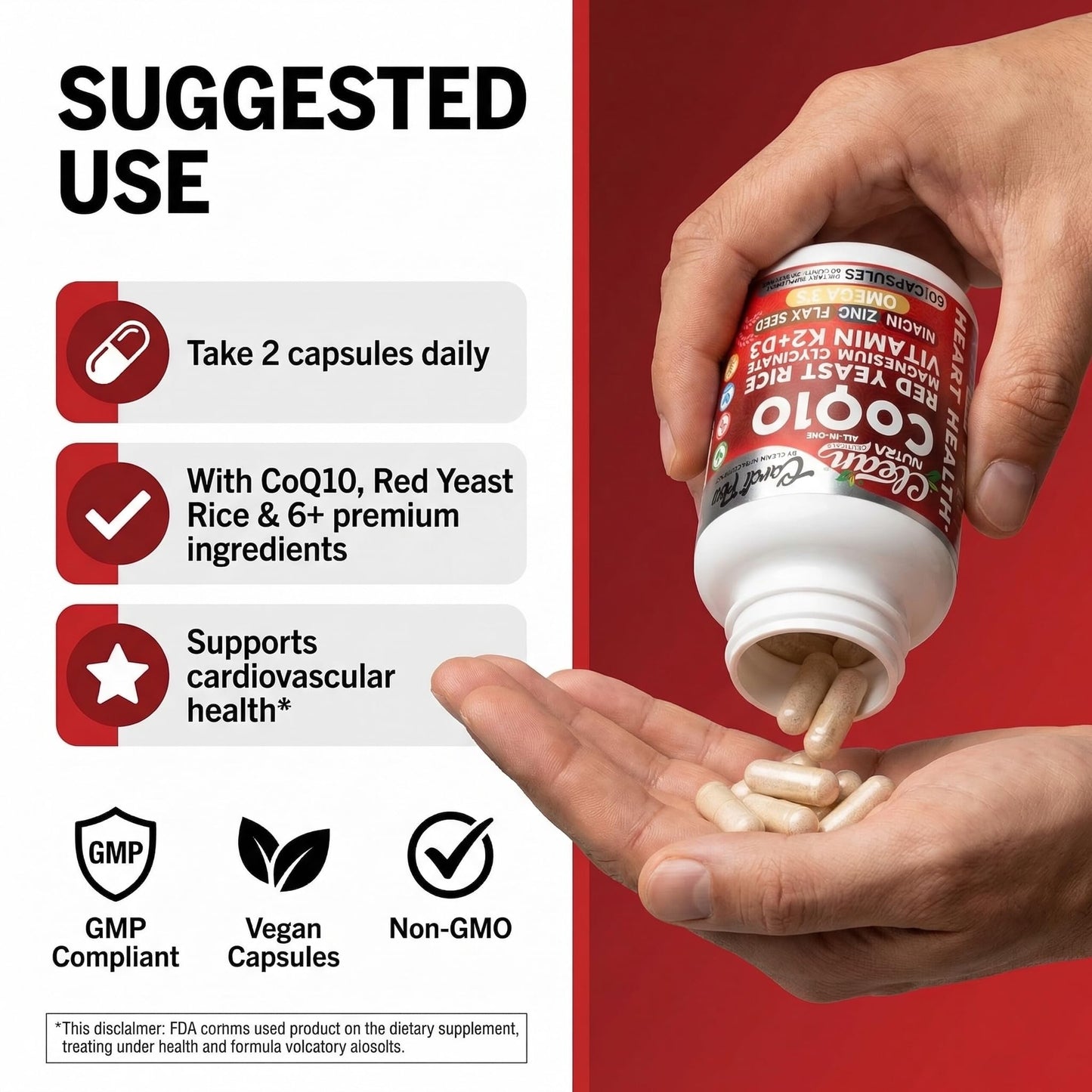 Clean Nutraceuticals CoQ10 Red Yeast Rice Magnesium Glycinate Vitamin K2 D3 Niacin Zinc Flax Seed Omega 3 Capsules 60 Count
