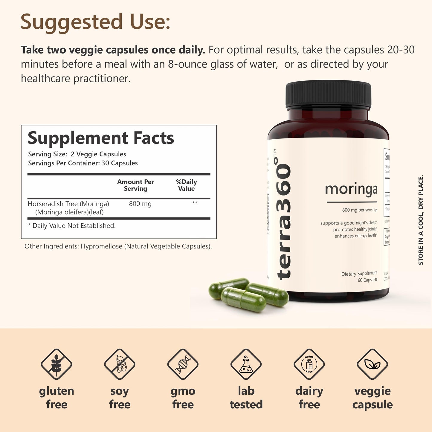 terra360° Natural Moringa Leaf Powder 800mg, 60 Capsules