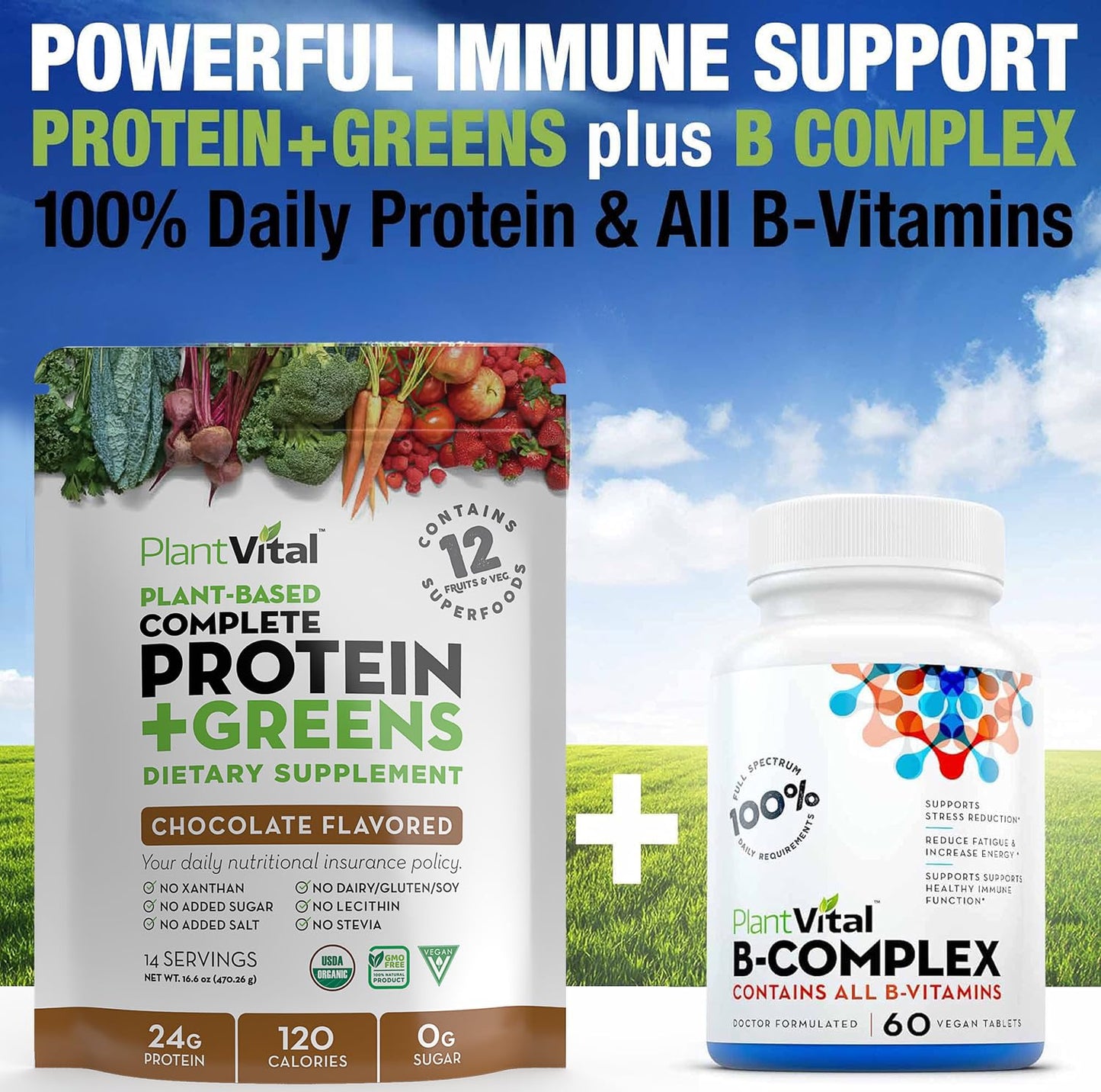 PlantVital Vegan Protein Powder, Chocolate, Plant Based, Organic, Gluten-Free, Keto-Friendly, 16 oz