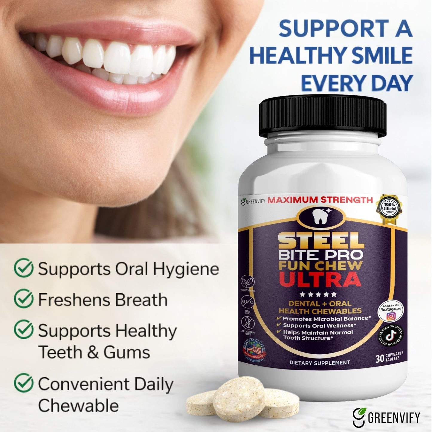 GREENVIFY Steel Bite Pro Dental + Oral Health Chewables Capsule 60
