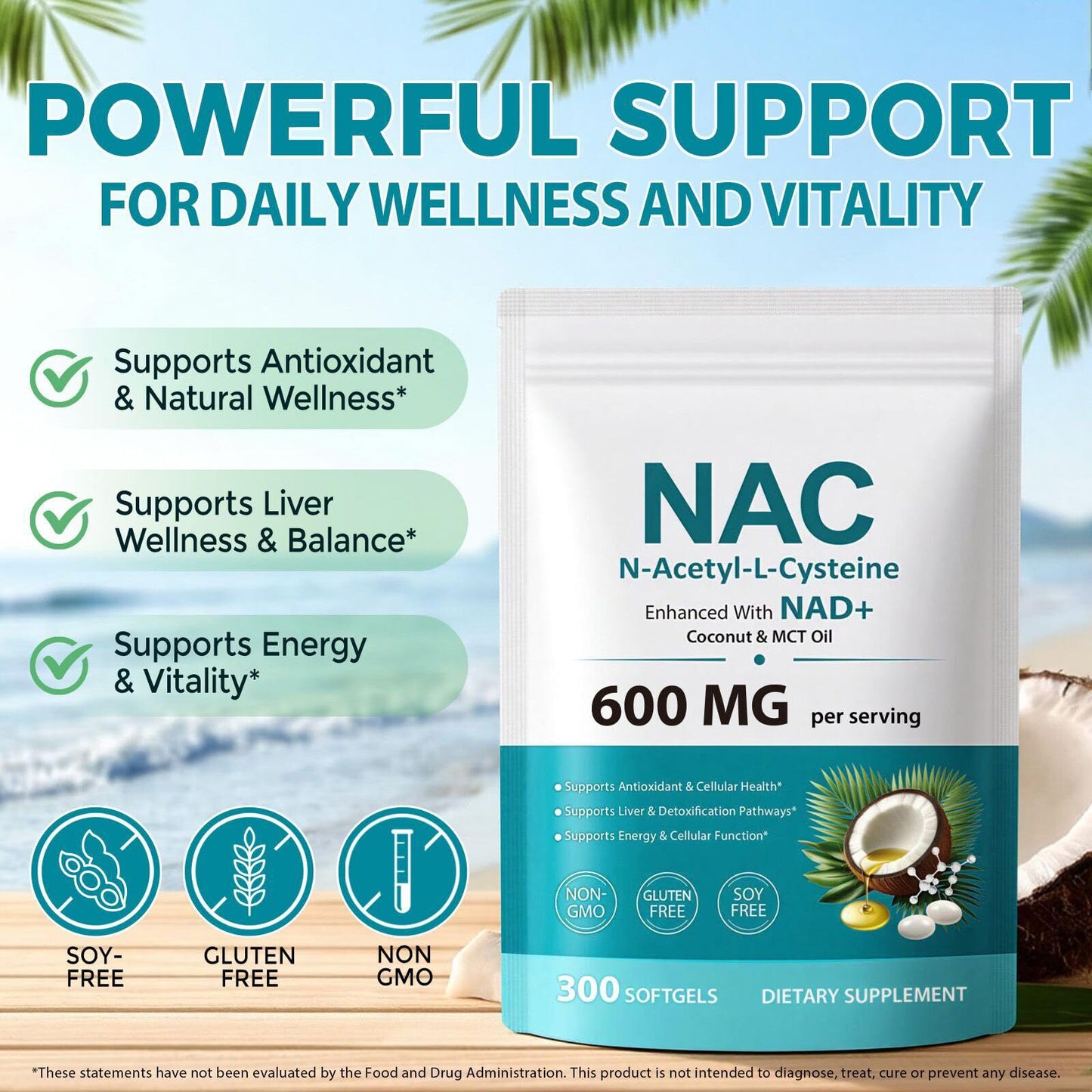 Frovetani NAC Supplement with NAD+, N-Acetyl L-Cysteine Softgels Infused with Coconut & MCT Oil, 300 Softgels