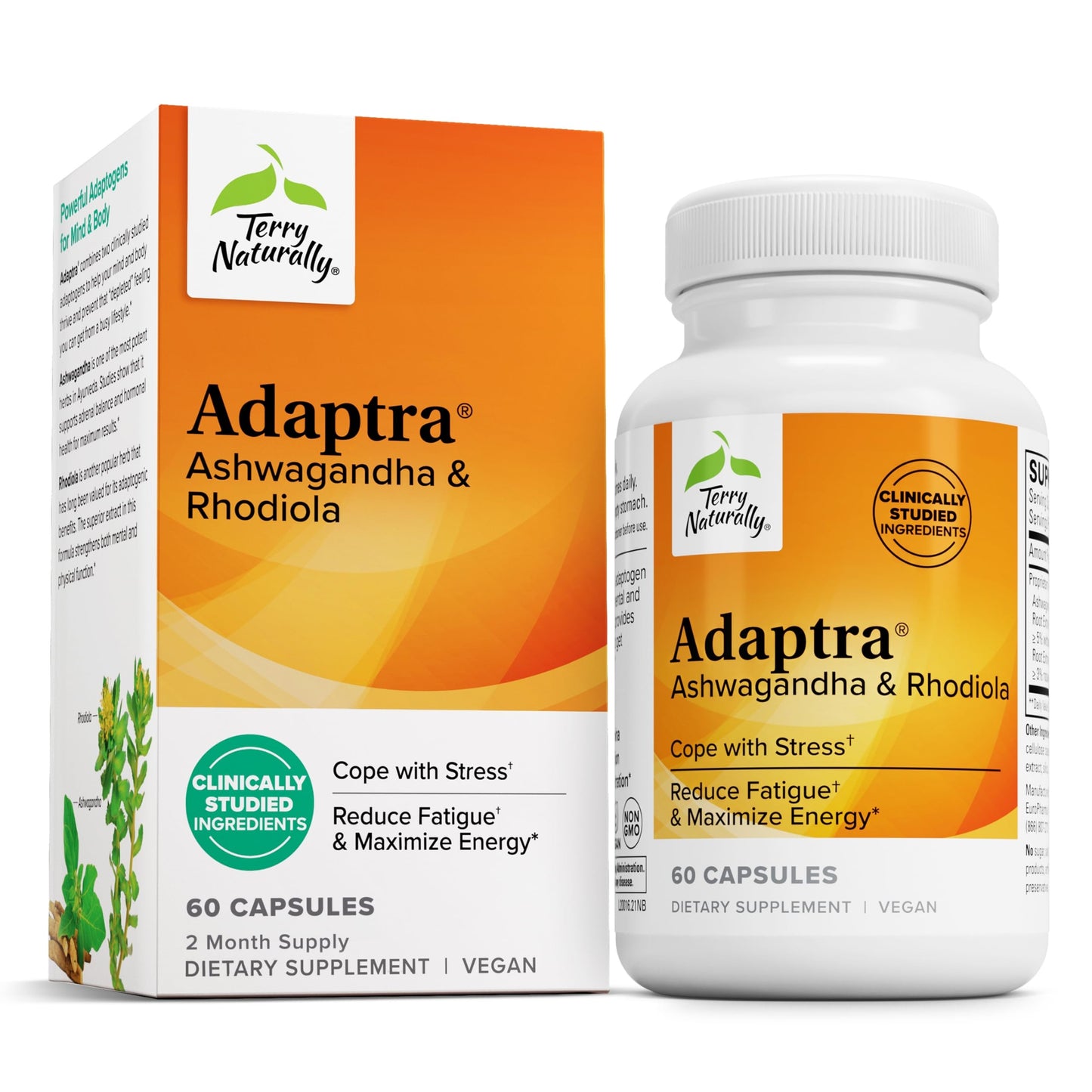 Terry Naturally Adaptra - Supplement to Support Adrenal Health - Ashwagandha Supplement with Rhodiola Rosea Extract - Herbal Supplement to Support Energy & Concentration Capsule 60 Count