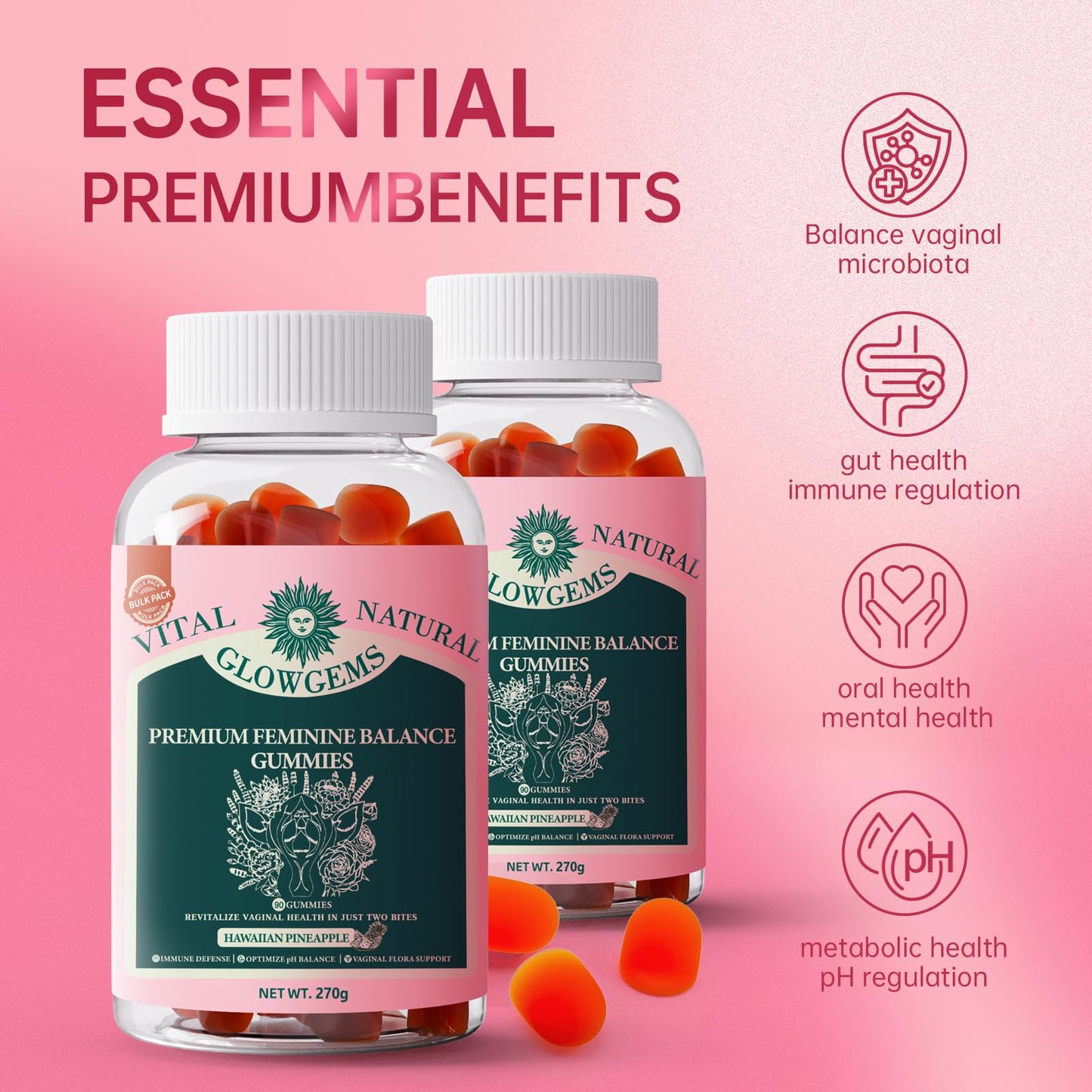 GlowGems Vital Natural Feminine Balance Gummies Chewable 90 Count