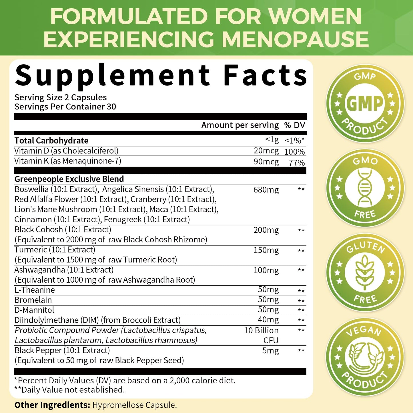 GREENPEOPLE Menopause Supplements for Women - Black Cohosh & Ashwagandha for Hot Flashes, Night Sweats, Mood Swings, Hormonal Balance Support Capsules, 120 Capsules