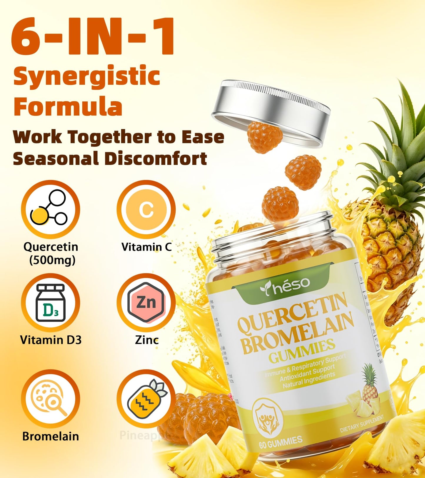 Yheso Quercetin 500mg with Bromelain, Vitamin C, D3 & Zinc – Sugar Free Immune Support – Antioxidant Complex with Pineapple Enzyme, 60 Gummies