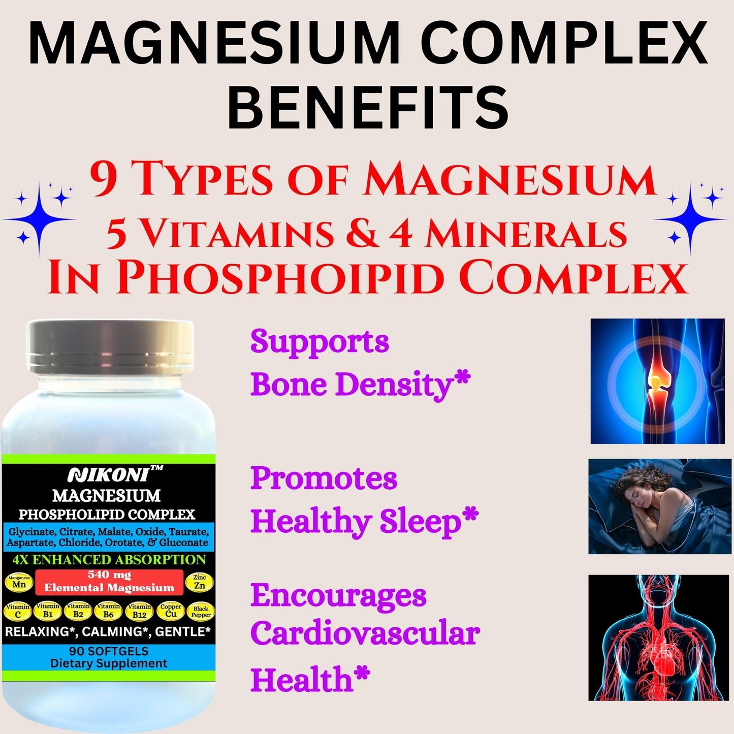 Nikoni Phospholipid Magnesium Complex 2500mg (9 Magnesium Salts, 5 Vitamins & 3 Minerals) Softgels 90