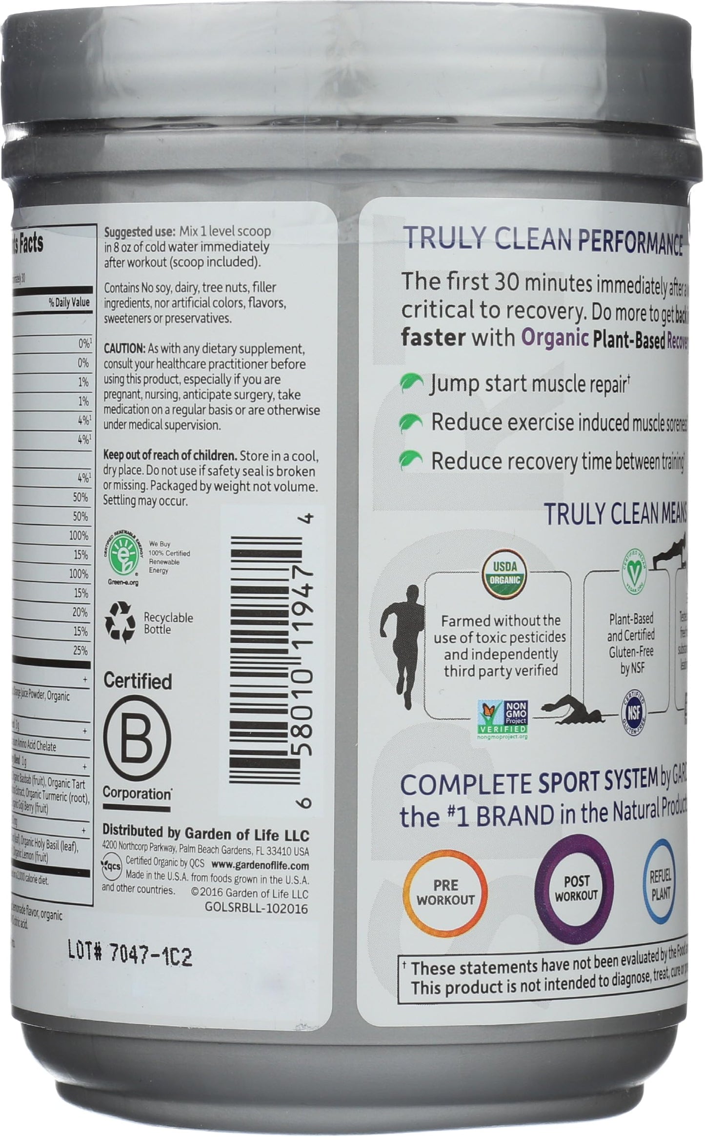 Garden of Life Sport Organic Plant-Based Recovery Powder, 15.7 Ounce