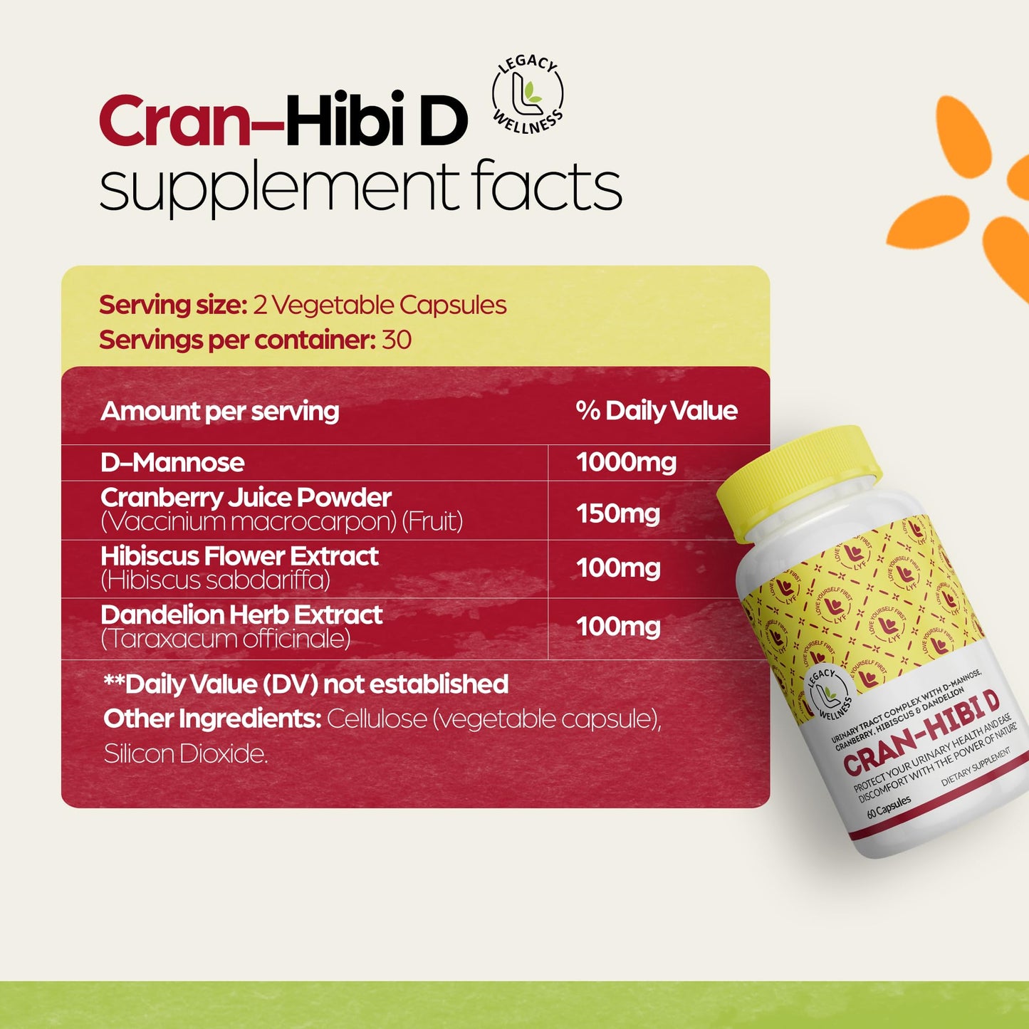LegacyNutra Cran-Hibi-D D Mannose with Cranberry, Hibiscus & Dandelion Capsules - 60 Count
