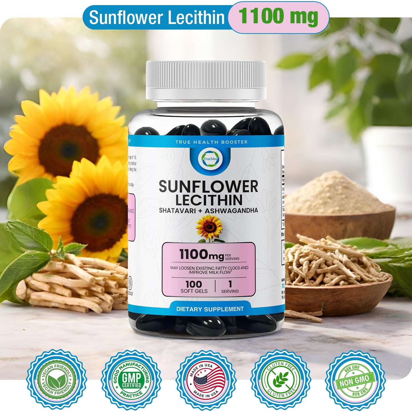 TRUEMED Sunflower Lecithin, Shatavari & Ashwagandha 1100 mg Softgels, 100