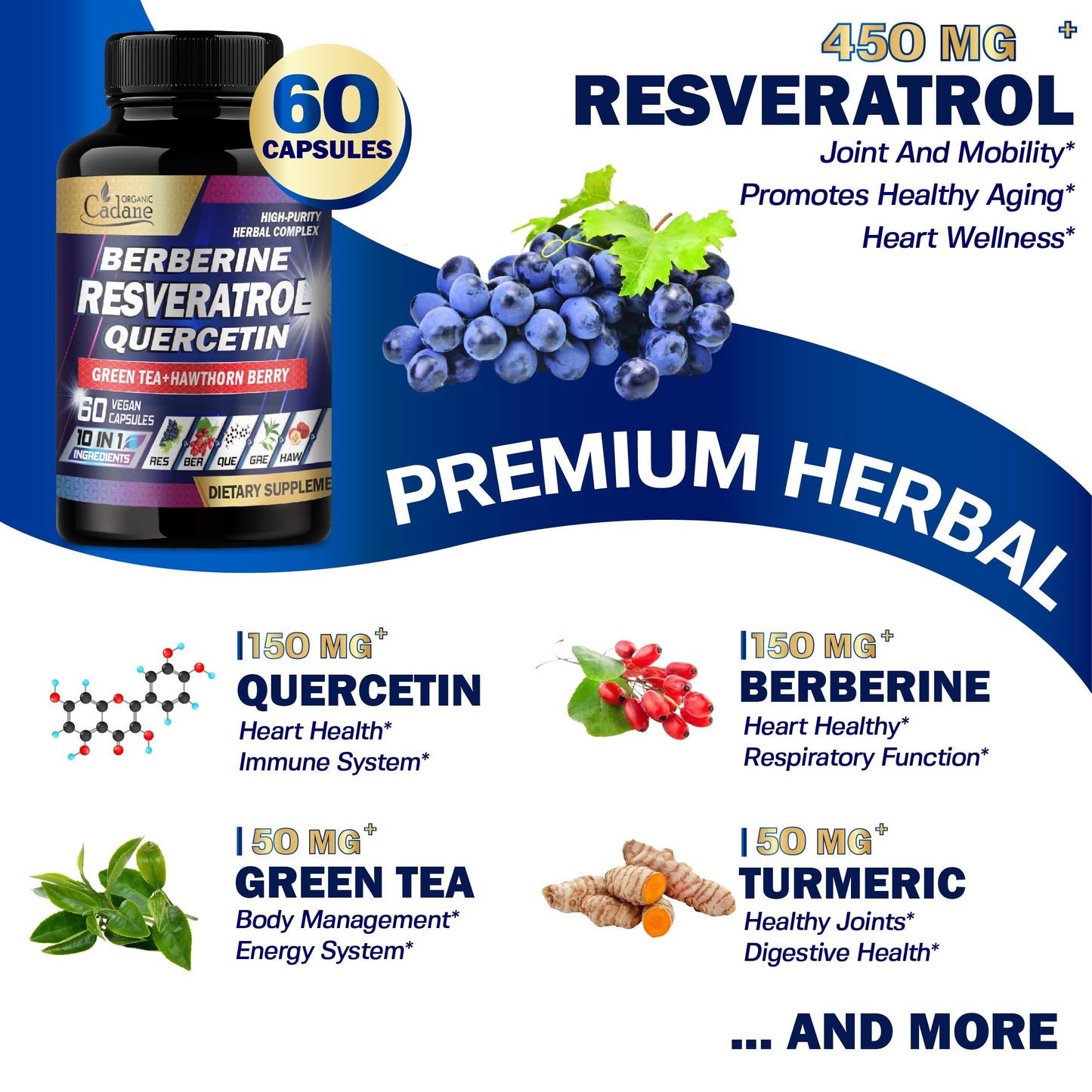 Organic Cadane Resveratrol Supplement 10in1 Plus Capsule, 60 Count