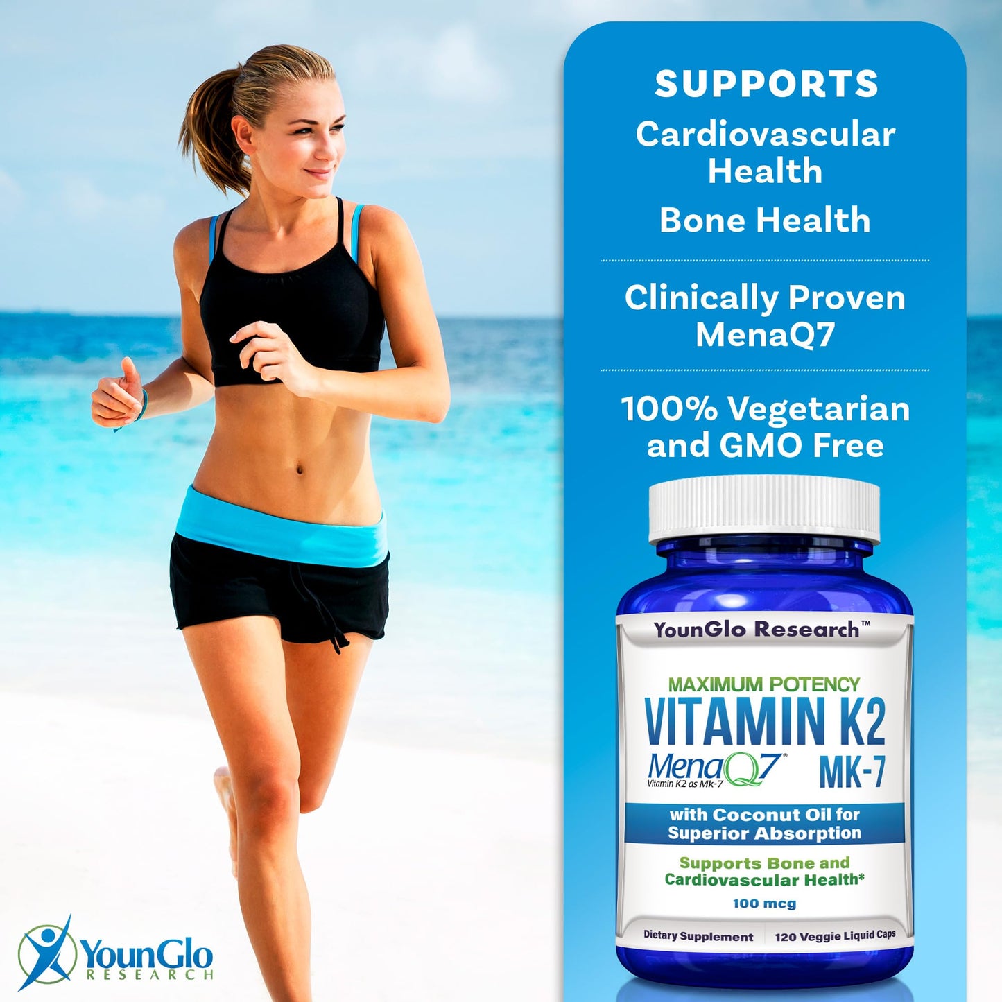 YounGlo Research Vitamin K2 MK7 (MenaQ7) 100 mcg w/Coconut Oil for Superior Absorption, Dietary Health Supplement, Capsules, 120