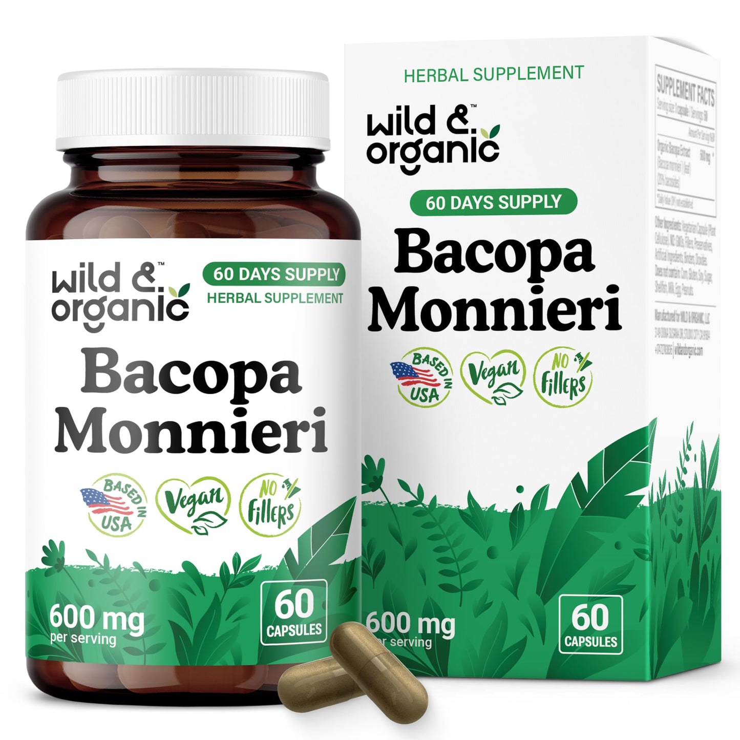 Wild & Organic Bacopa Monnieri 600 mg Capsules, 60 Count