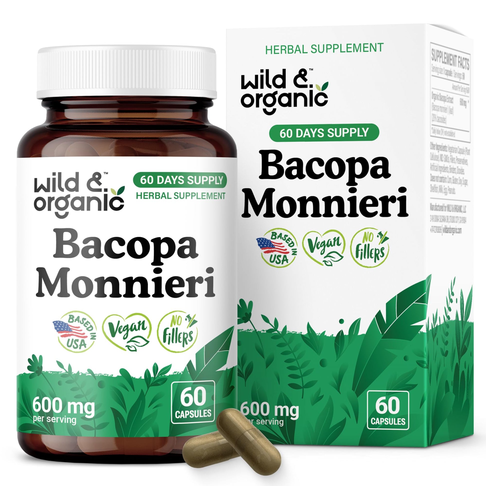 Wild & Organic Bacopa Monnieri 600 mg Capsules, 60 Count