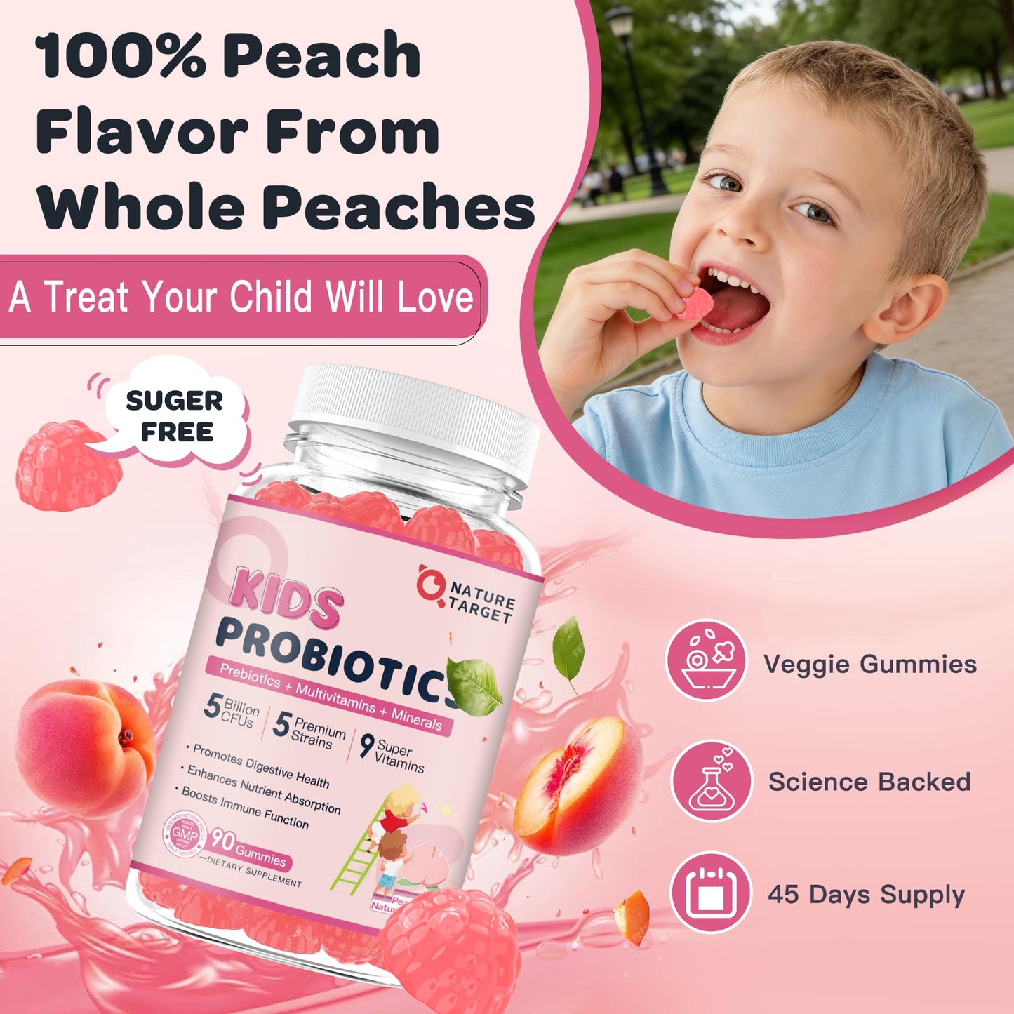 Nature Target Probiotics for Kids, Children's Probiotic-Multivitamin Gummies with 5 Billion CFUs for Digestive Health & Immune Support, with Vitamins, Prebiotics, Minerals, Natural Peach Flavor, 90 Count