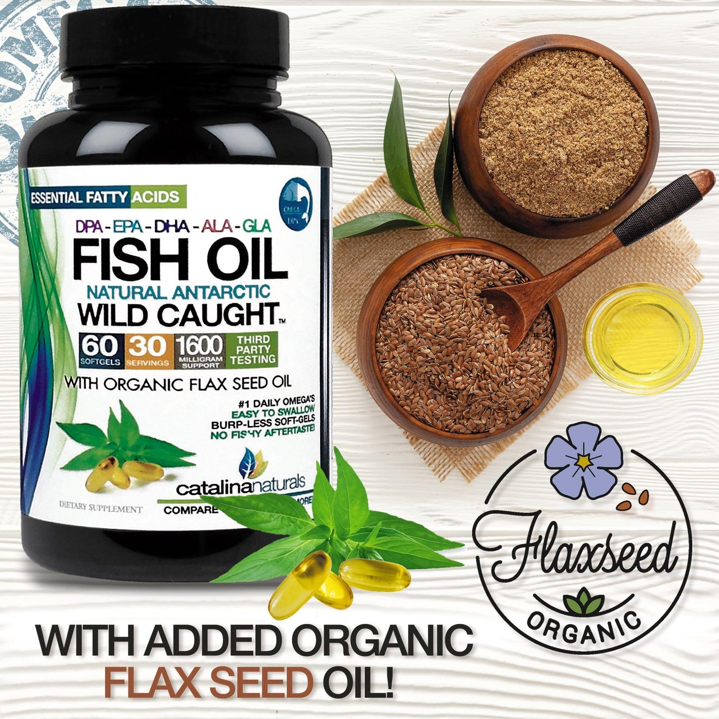 Catalina Naturals Triple Strength Fish Oil Wild Caught Antarctic Omega3 with Organic Flax Seed Oil - Omega 3-6-9 Ultra Pure with EPA-DHA-DPA-GLA-ALA, Light Vanilla Flavor Softgels 60