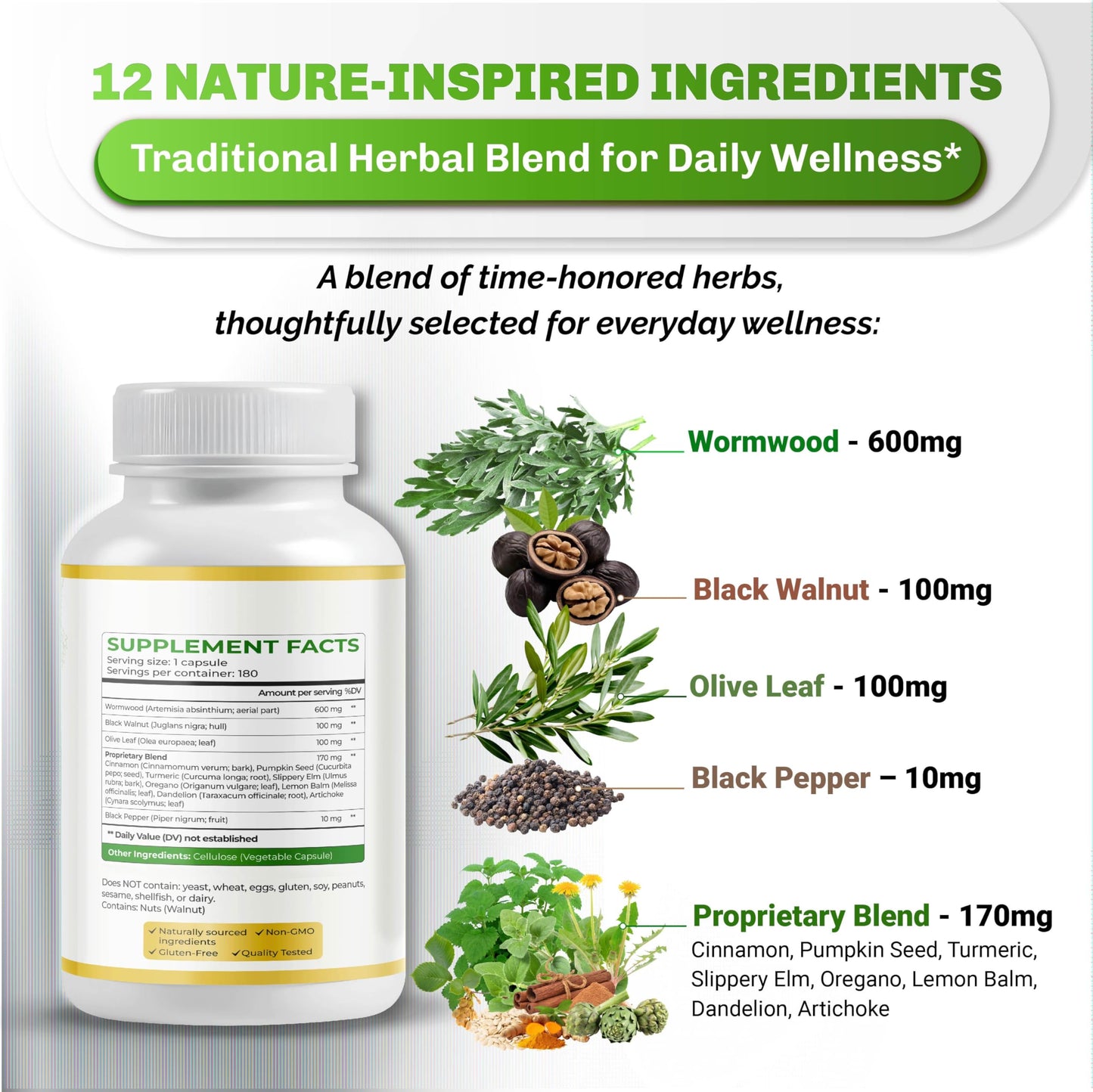 NUSORAN Premium Wormwood 12-in-1 with Black Walnut, Olive Leaf, Pumpkin Seed, Turmeric, Max Absorption, 180 Capsules