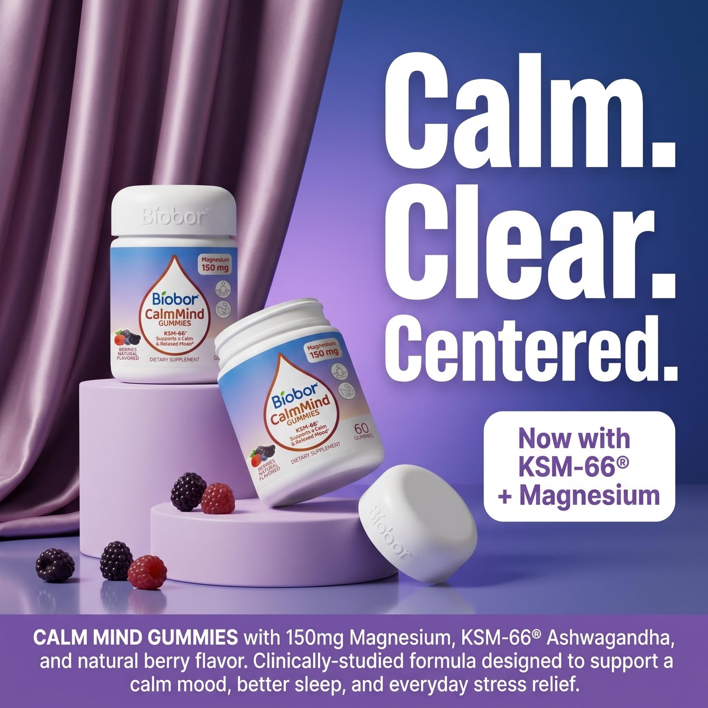 Biobor CalmMind Triple Magnesium Gummies with KSM-66 Ashwagandha, Magnesium Glycinate Citrate & Malate, Calm Mood, Relaxation & Muscle Health Supplement, 60 Gummies
