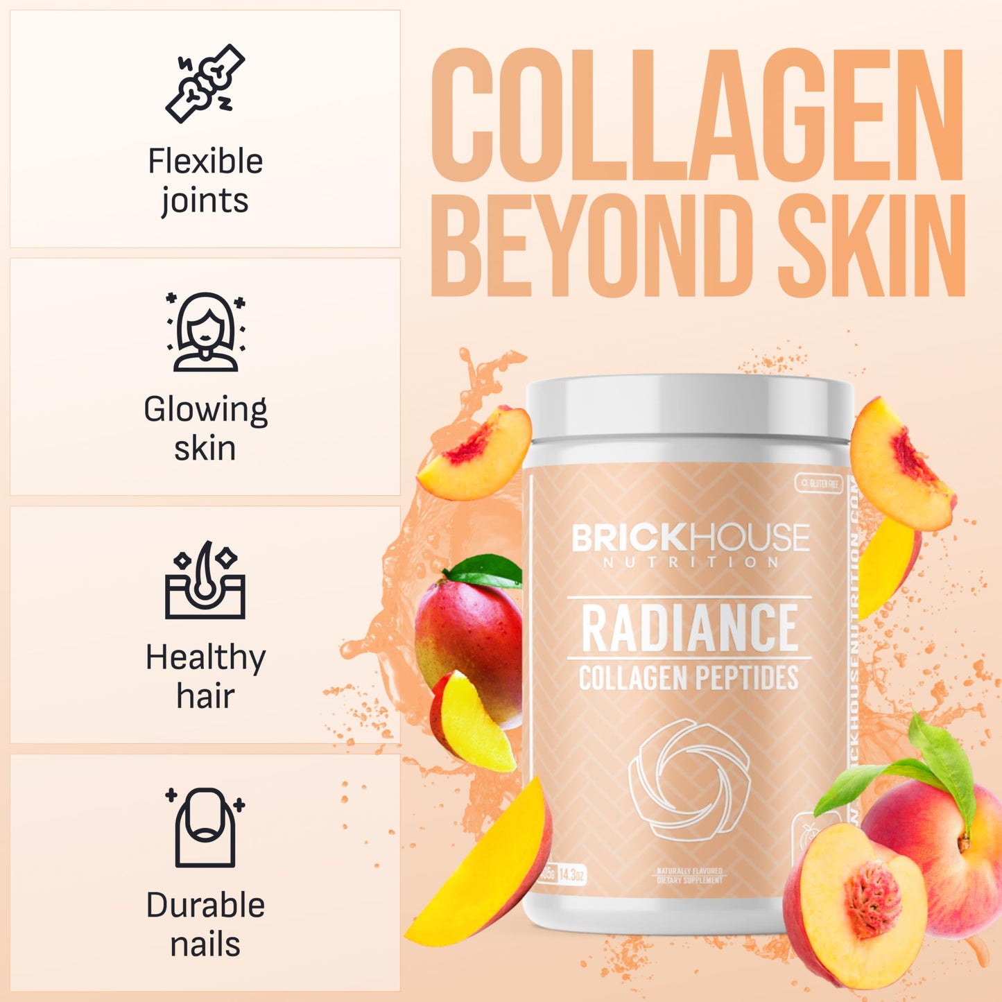 BRICKHOUSE NUTRITION Radiance Collagen Peptides Powder for Skin & Hair Growth with Hyaluronic Acid, Peach Mango, 14 Ounce