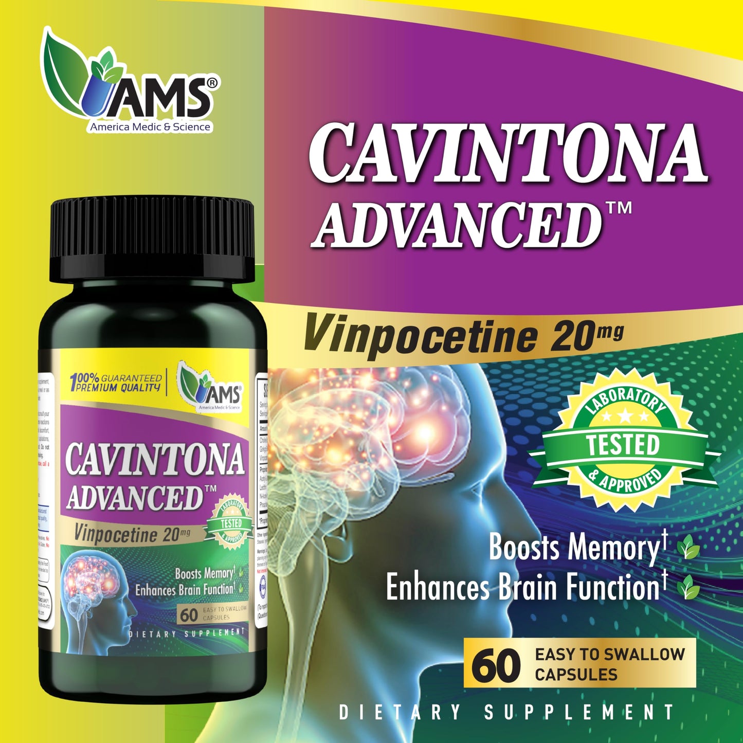 America Medic & Science Cavintona Advanced Vinpocetine 20mg Capsule, 60 Count – Supports Memory, Recall & Brain Health, Cognitive Function, Focus & Mental Clarity, Blood Flow