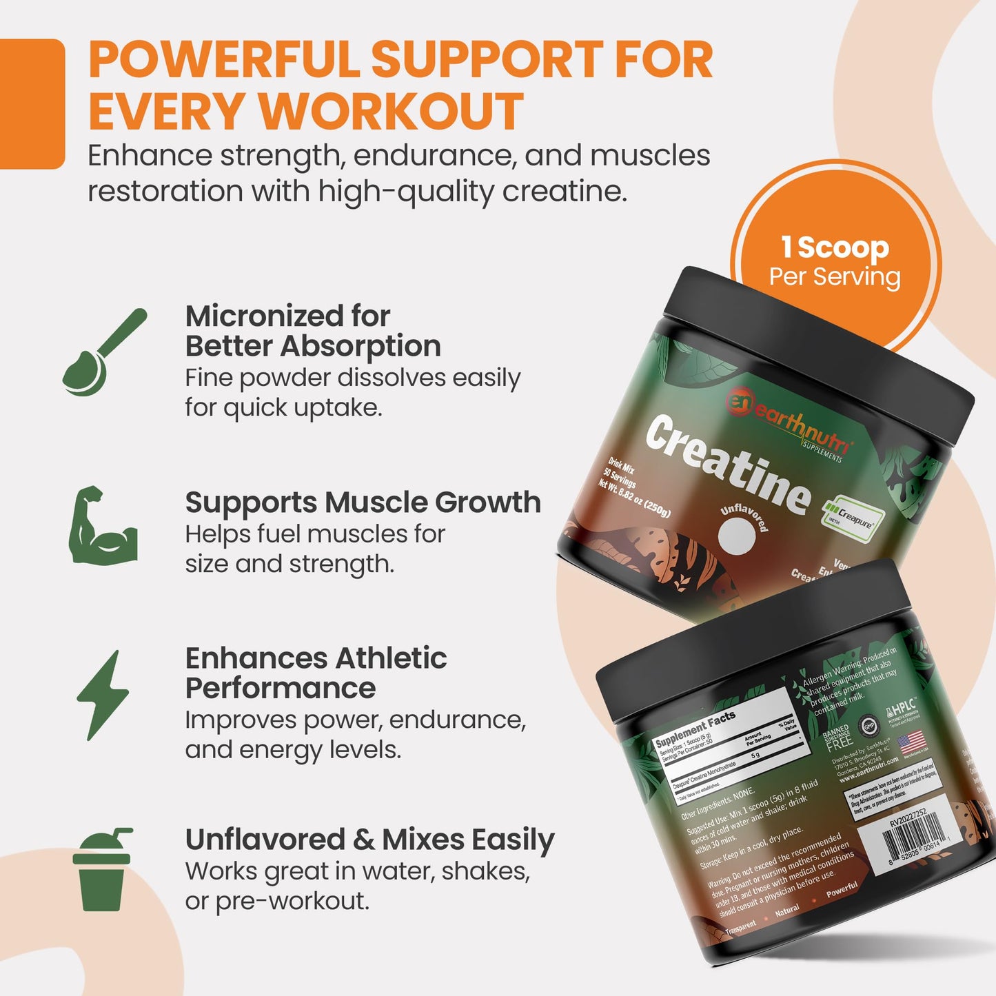 EarthNutri Creatine Monohydrate Powder 50 Servings