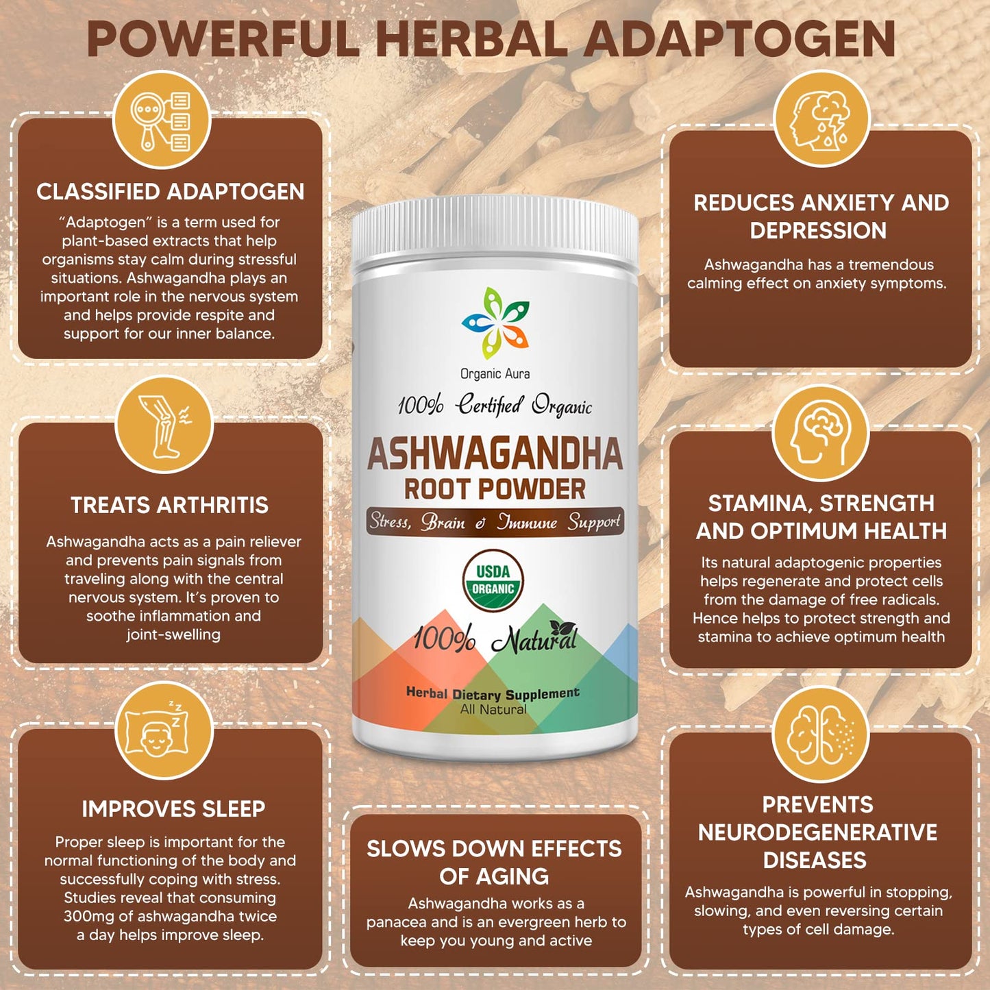 Organic Aura International Ashwagandha Root Powder 8 Oz