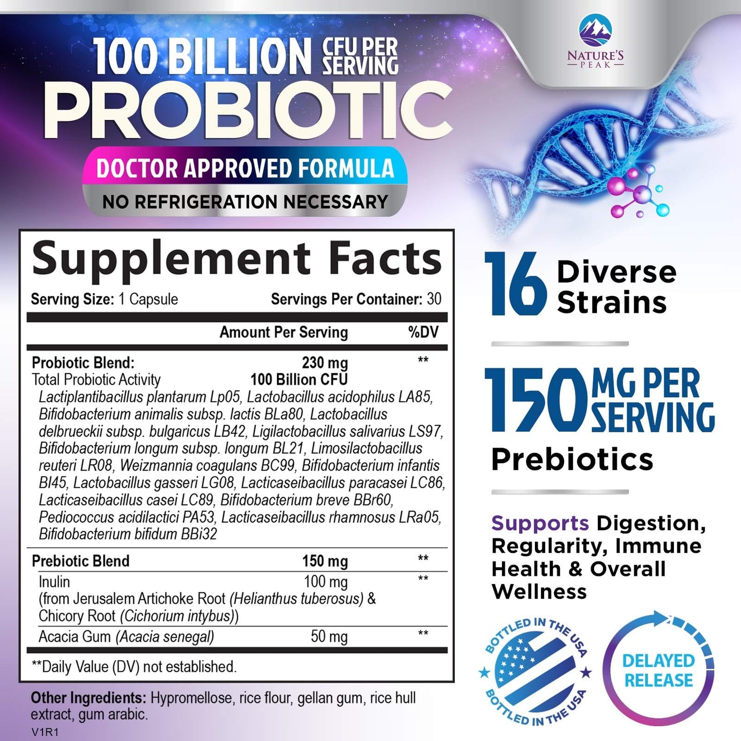 Nature's Peak Premium Probiotics 100 Billion CFU Per Capsule, 16 Strains + Prebiotics, Women's & Men's Gut Health, Immune Support, Digestive Health & Occasional Constipation & Gas, 30 Capsules