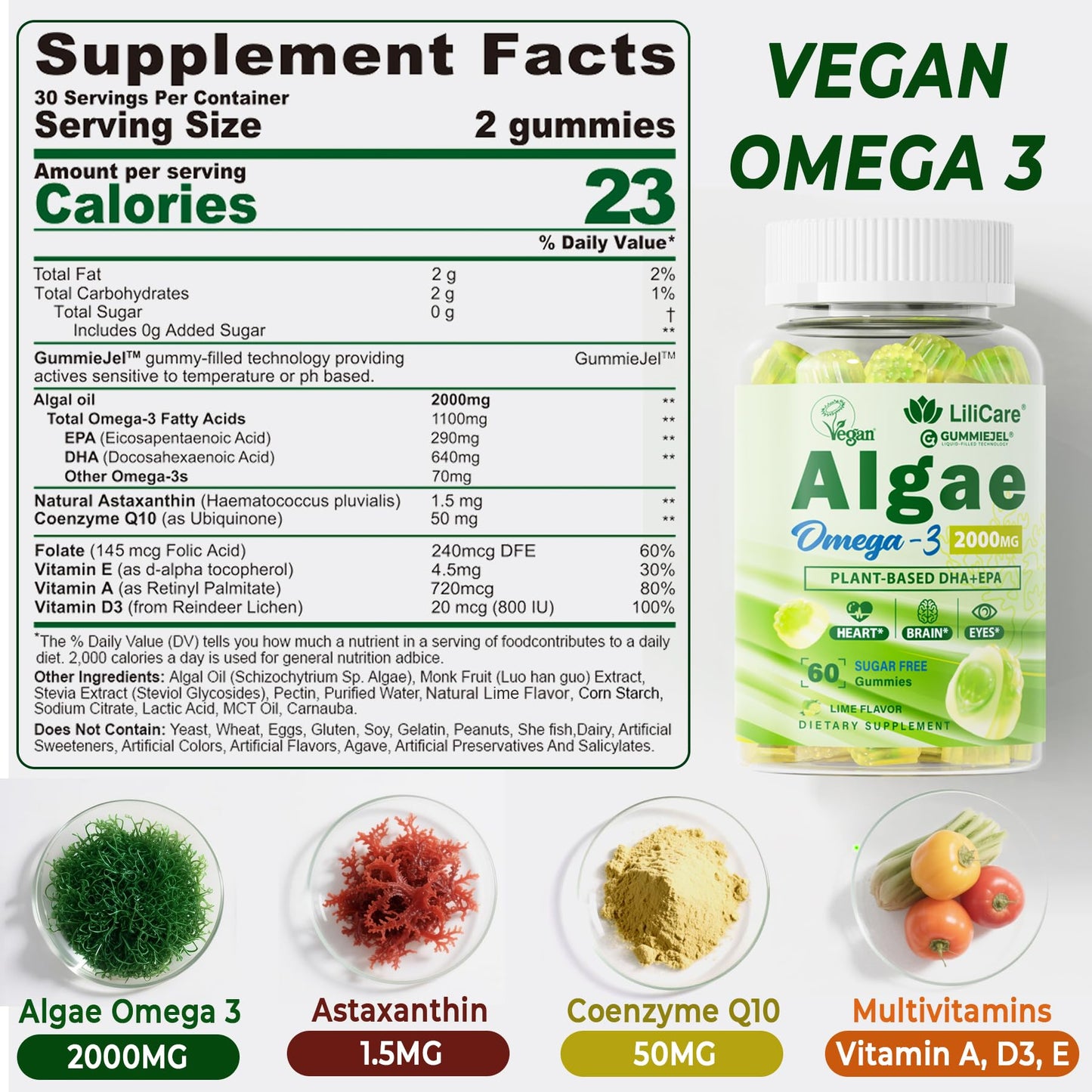 LILICARE Omega 3 Gummies from Algae Oil 2200mg (DHA 640mg & EPA 290mg), Vegan with CoQ10, Astaxanthin, Vitamin A, E, D3, Sugar Free, 120 Gummies