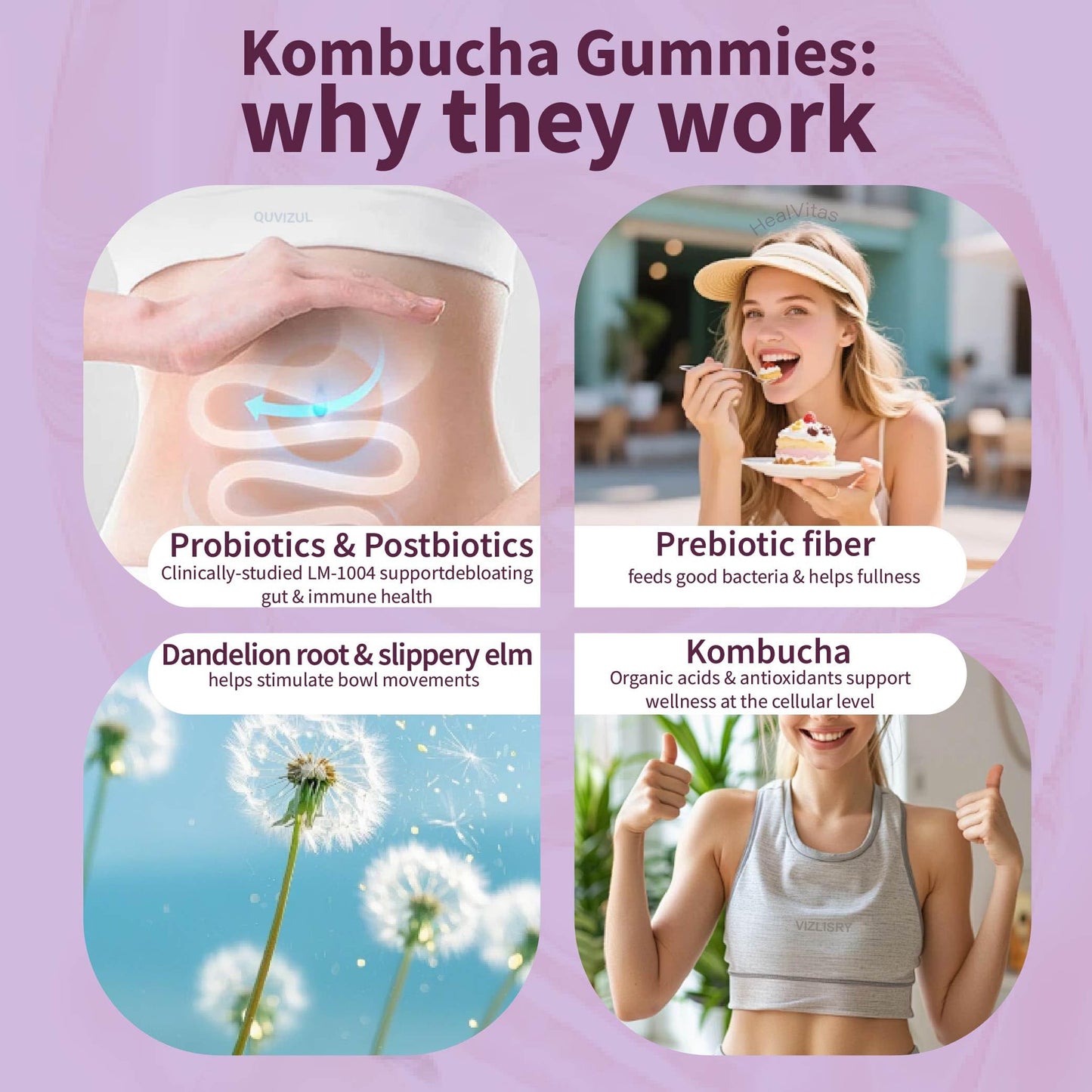 Feviarly Probiotic Kombucha Gummy Chewing sugar, Probiotic for Men and Women, with Prebiotic Probiotic and Postbiotic, Dandelion Root, Slippery Elm Bark, Supports Gut and Digestive Health, 7