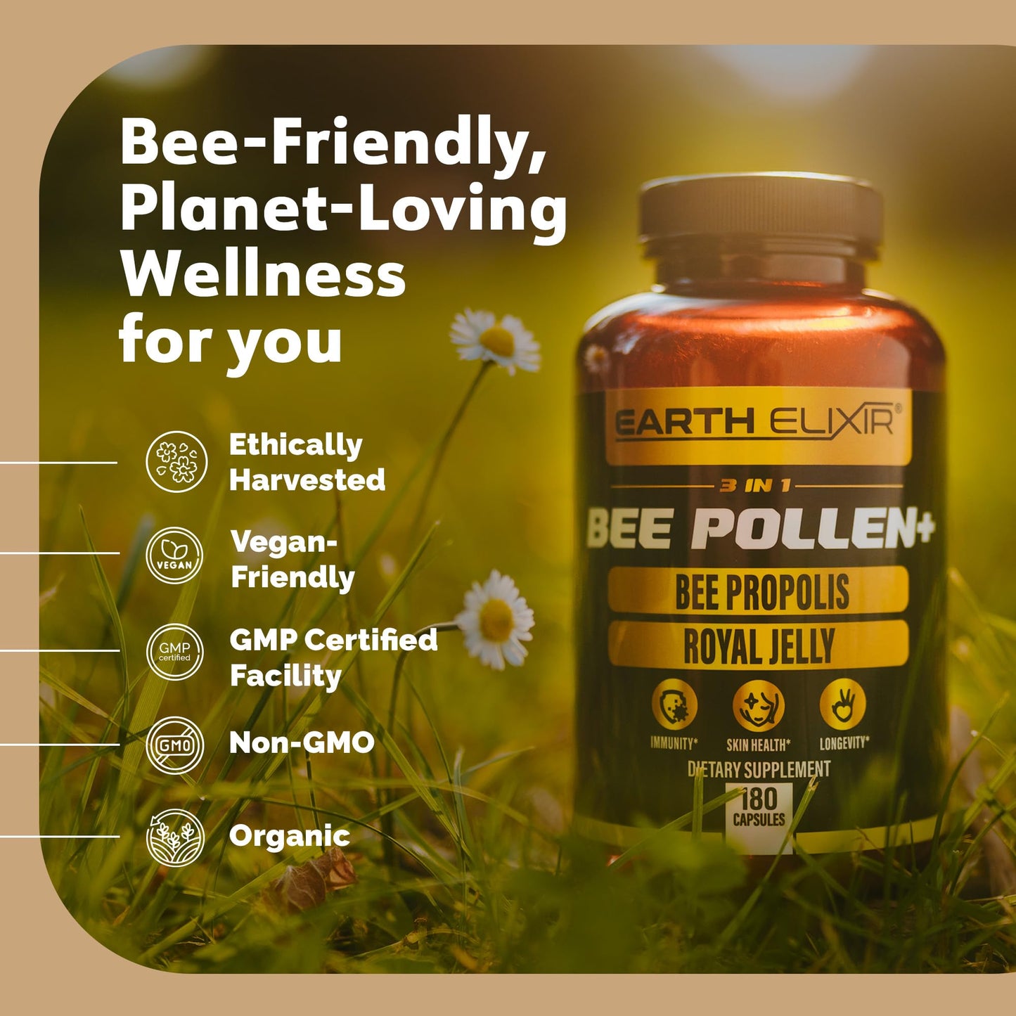 Earth Elixir 3-in-1 Organic Bee Pollen Capsule 180 Count