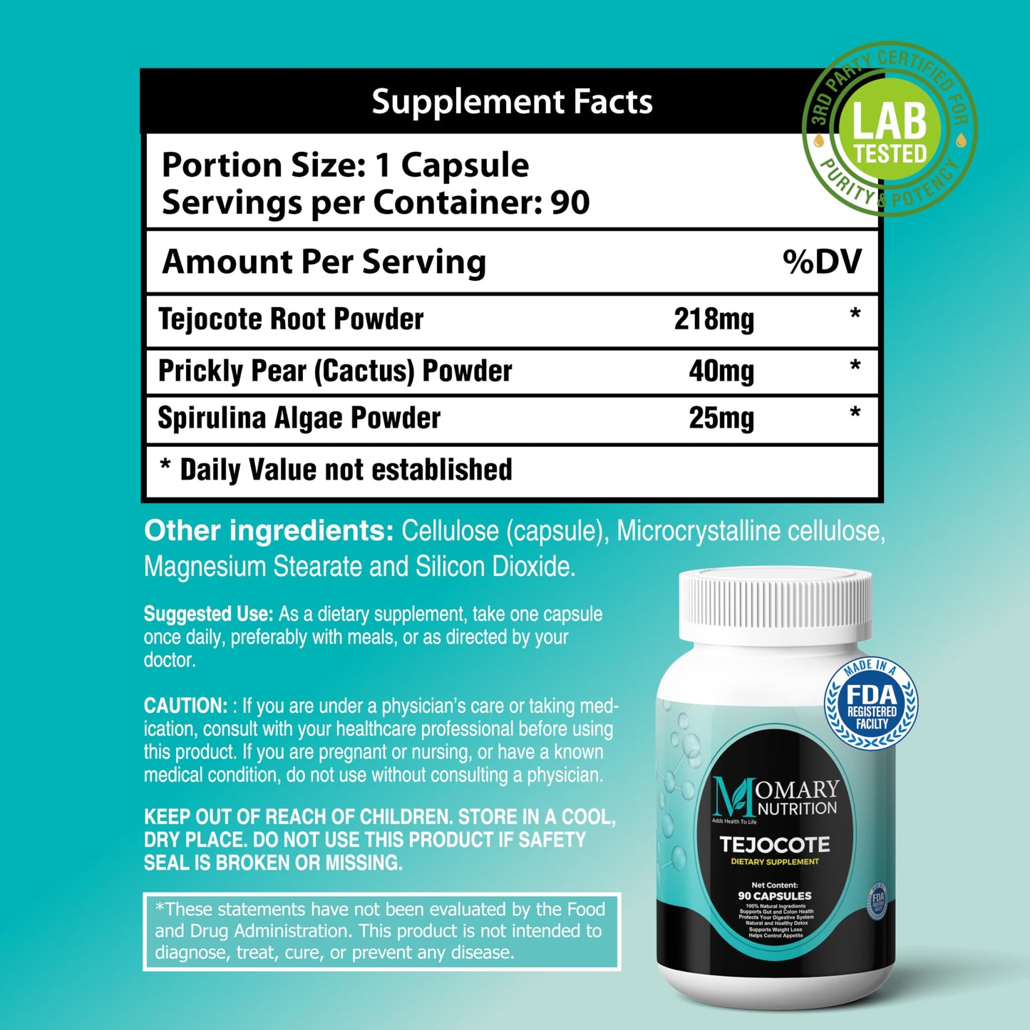 MOMARY NUTRITION Tejocote Root with Spirulina Algae and Nopal Prickly Pear Cactus Detox & Weight Management, 90 Capsules
