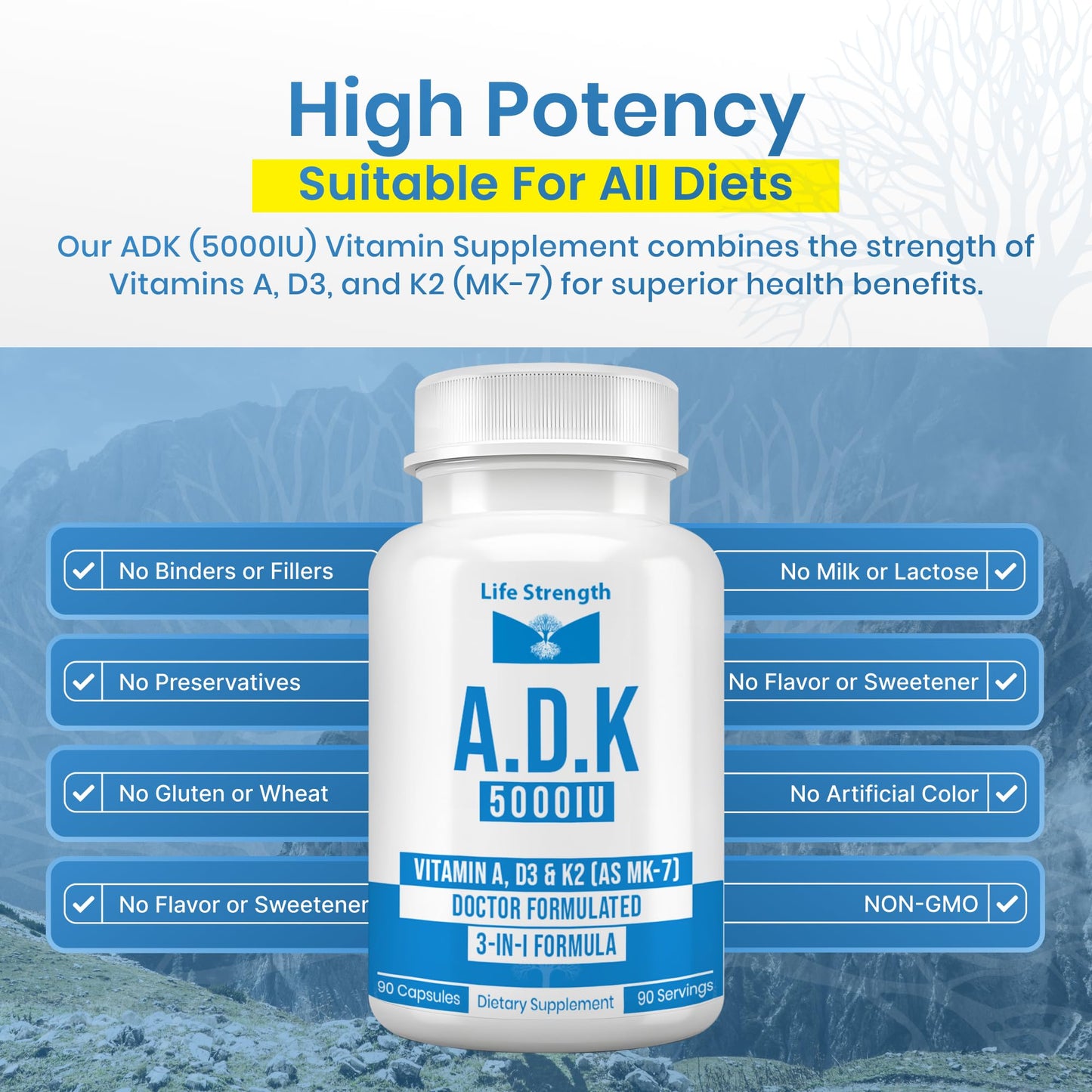 LifeStrength ADK 5 Vitamin A, D3 & K2 Capsules 90 Count