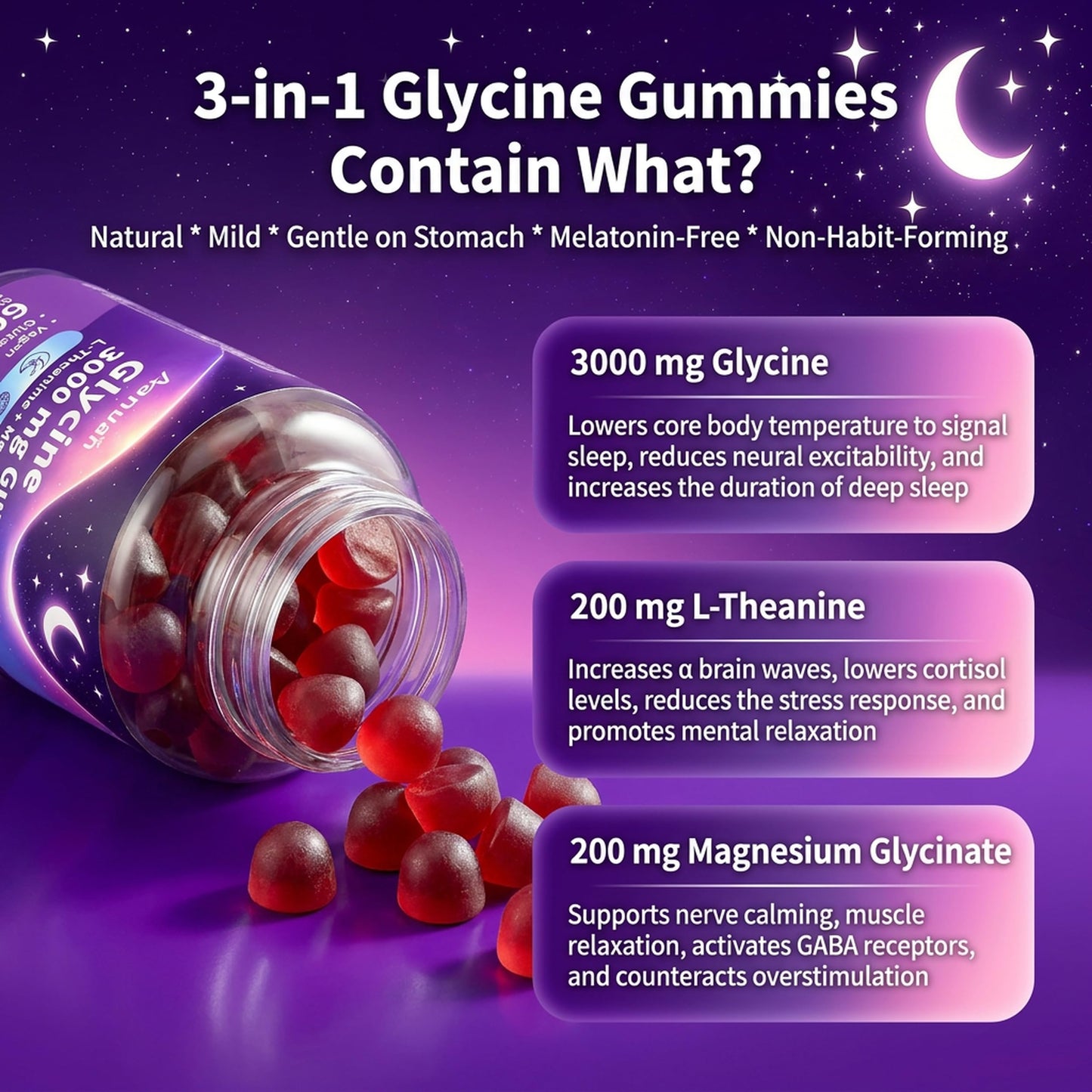 Aanuan Glycine Gummies with L-theanine & Magnesium Glycinate, 3g Glycine, Mixed Berry Flavor, Sugar Free, Vegan, Non-GMO, 120 Gummies