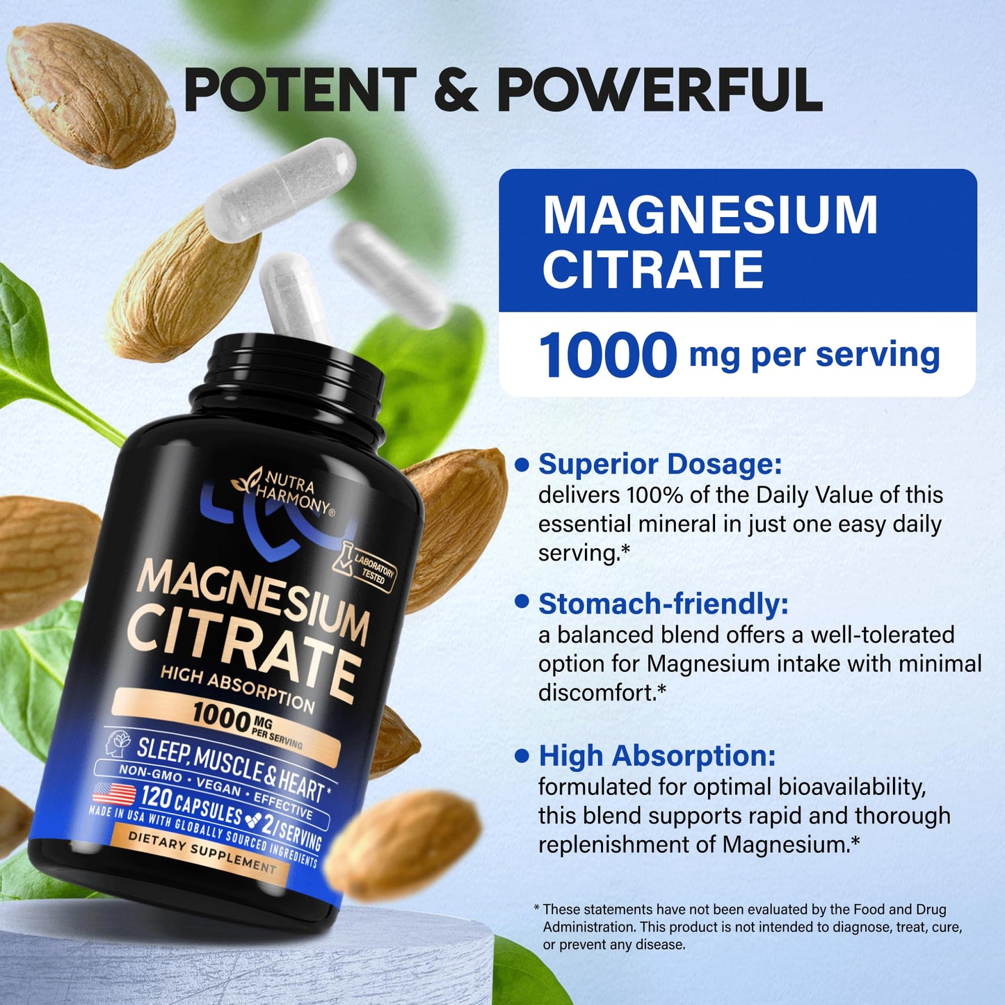 NUTRAHARMONY Magnesium Citrate Capsules 1000mg, High Absorption for Sleep, Muscle & Heart Support, Vegan, Non-GMO, 120 Capsules