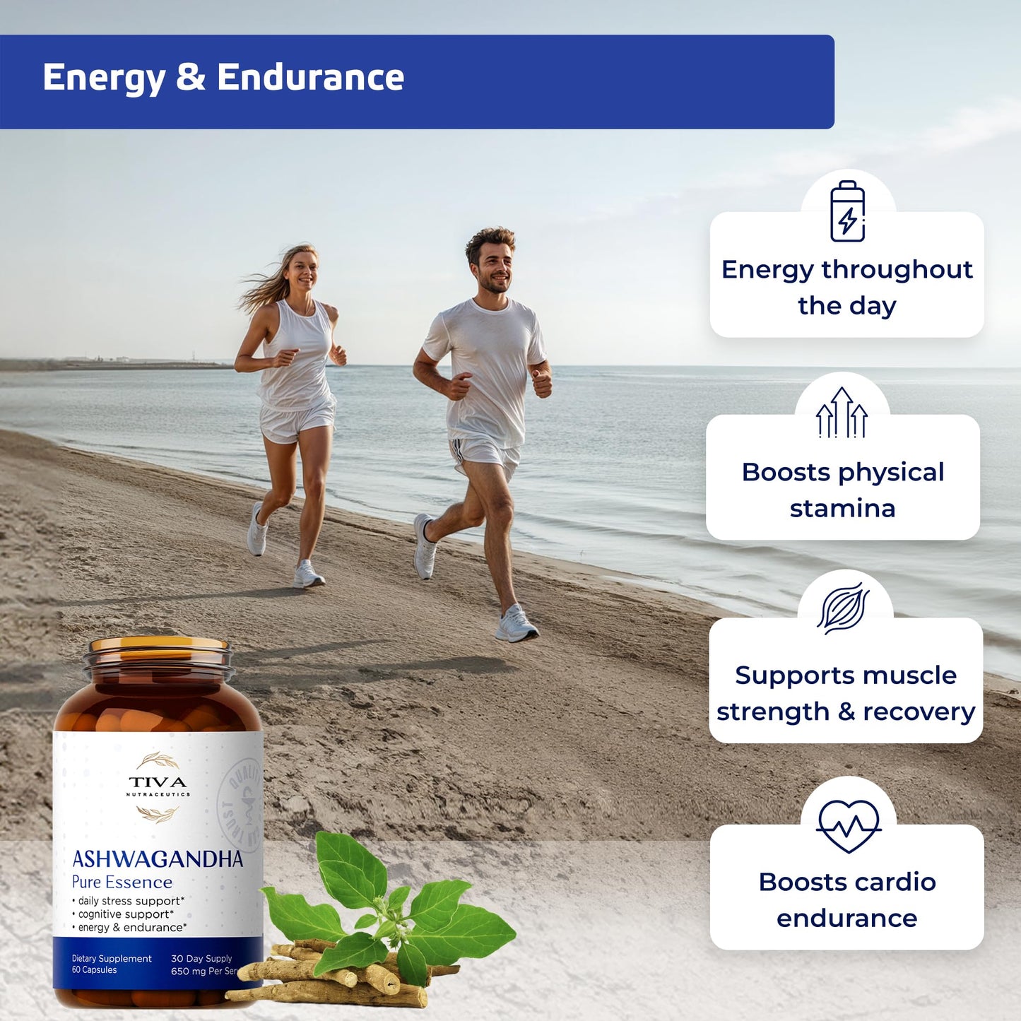 TIVA Nutraceutics Ashwagandha 650mg with Black Pepper Extract, 60 Capsules
