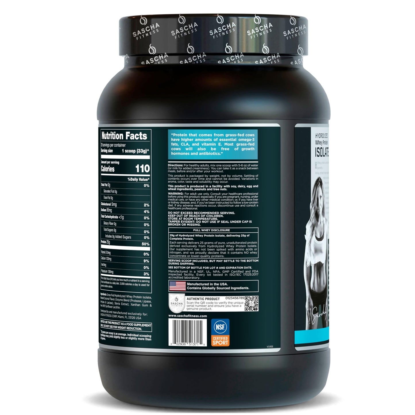 SASCHA FITNESS Hydrolyzed Whey Protein Isolate 100% Grass-Fed Powder, Coconut, 32 Servings