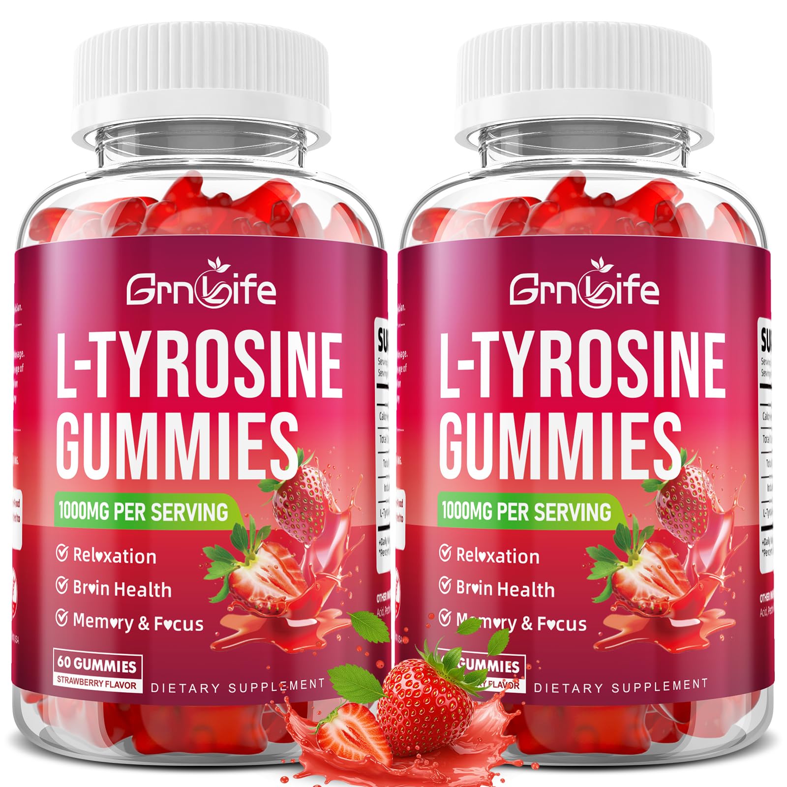 GrnLife Tyrosine Gummies 1000mg, Sugar-Free L-Tyrosine Supplement, Strawberry Flavor, 120 Count