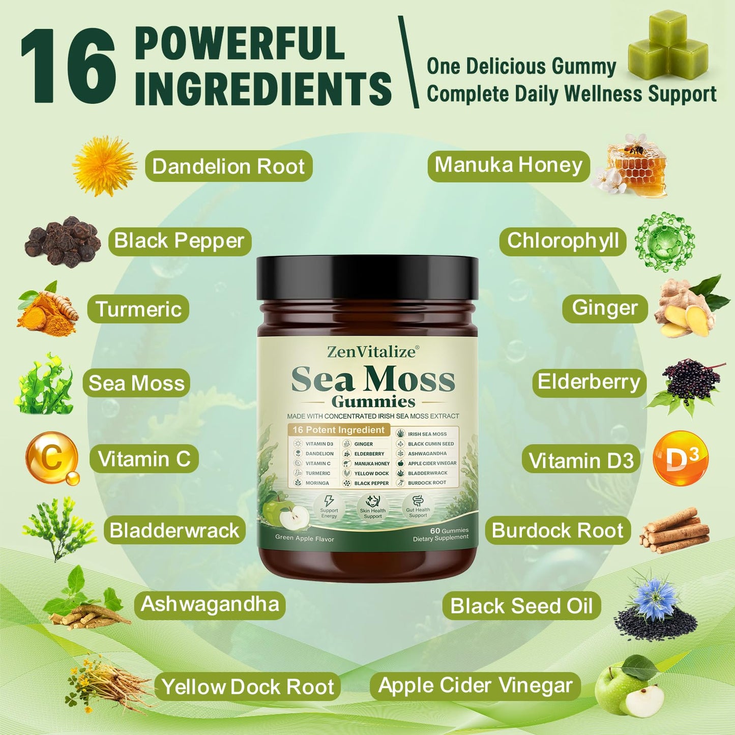 ZenVitalize Sea Moss Gummies 16-in-1 Gummy, 60 Count