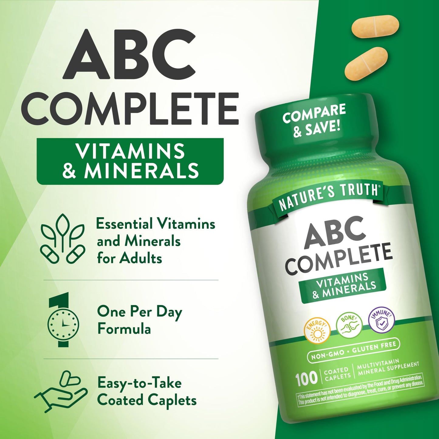 Nature's Truth ABC Complete Multivitamin Supplement for Men and Women 100 Caplets