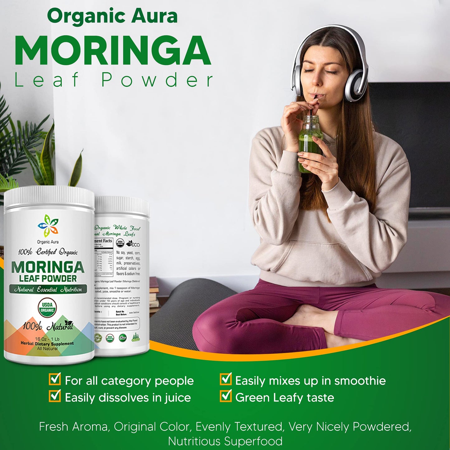 Organic Aura International Certified Organic Moringa Leaf Powder 8 oz