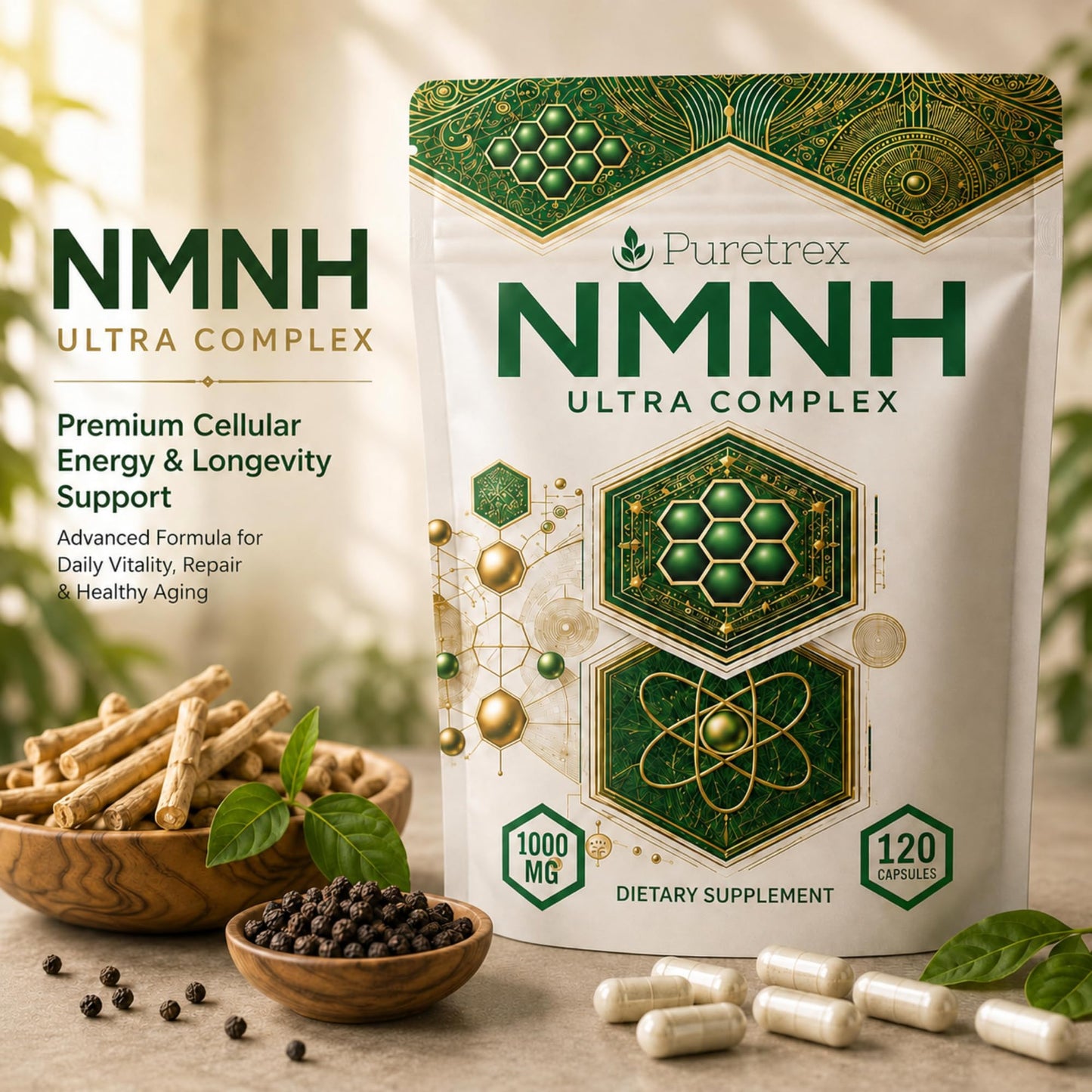 PURETREX NMNH Ultra Complex 1000mg, Quercetin, CoQ10, 120 Vegan Capsules