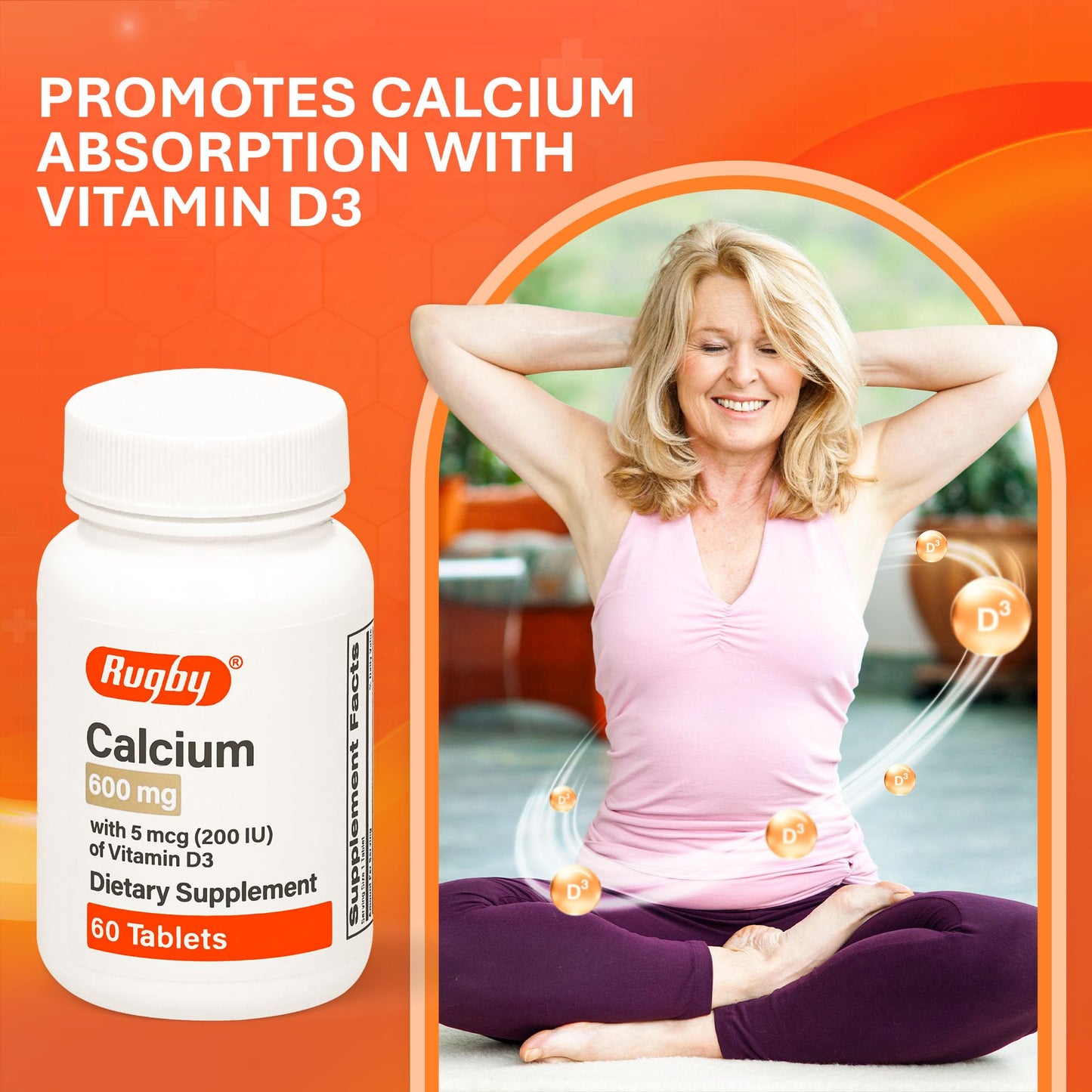 Rugby Laboratories Calcium 600 mg Tablets with Vitamin D3 200 IU (5 mcg), Gluten-Free Daily Vitamin D Dietary Supplement for Bone Health and Calcium Absorption, 60 Tablets