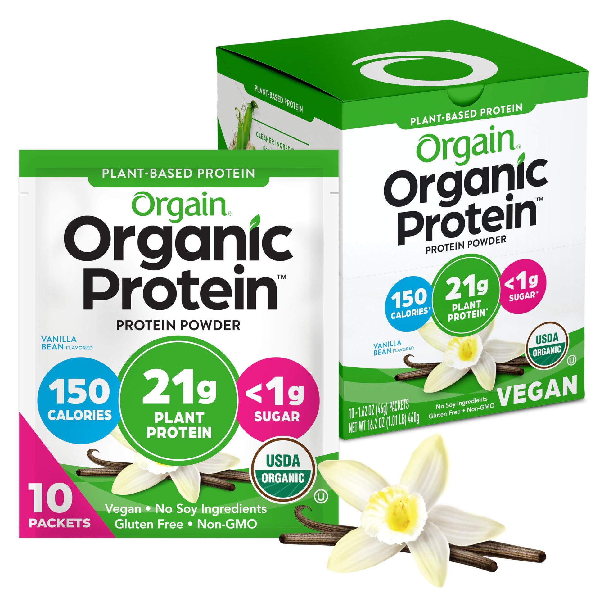 Orgain Organic Vegan Protein Powder Vanilla Bean, 10 Single-Serve Packets