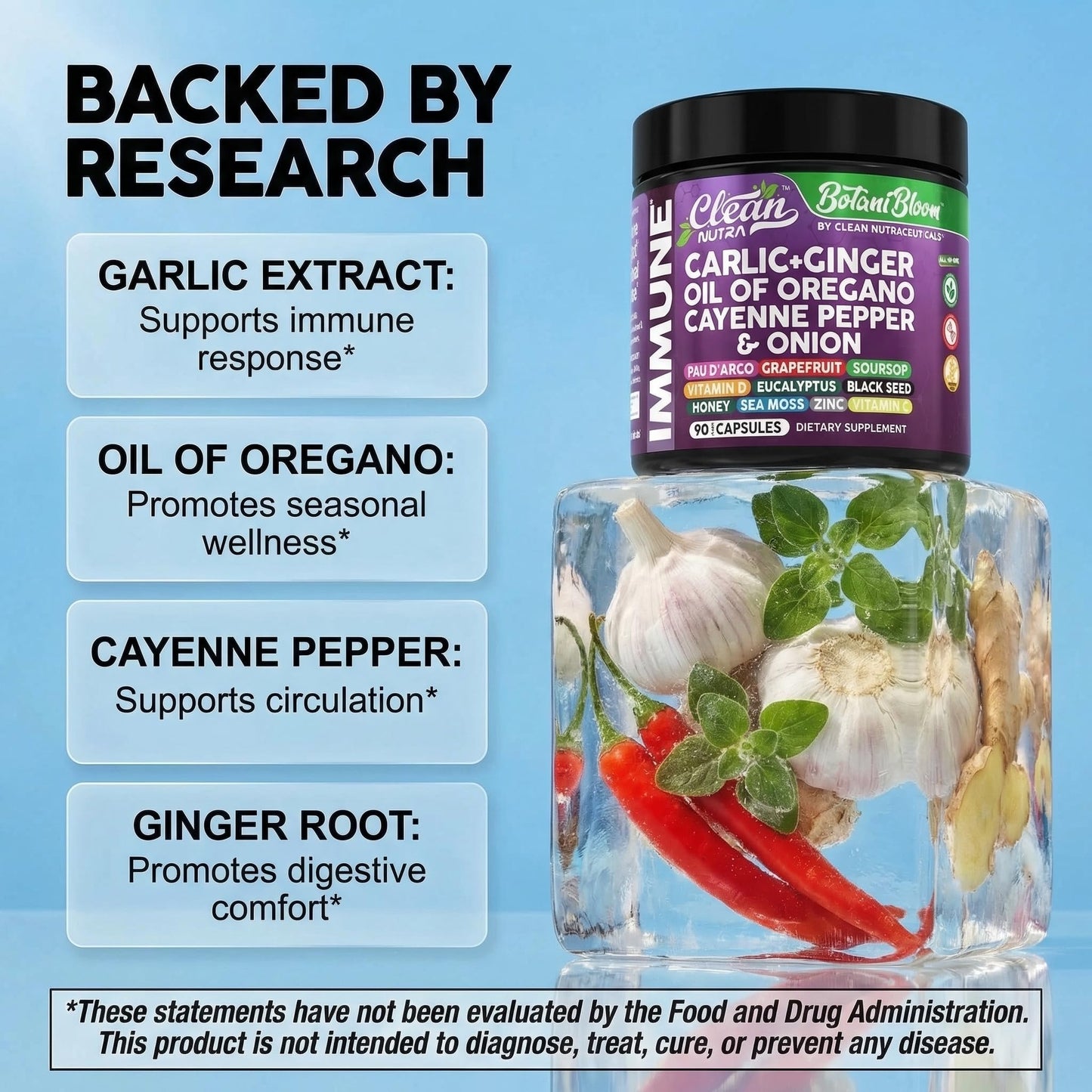 Clean Nutraceuticals Garlic Ginger Oil of Oregano Cayenne Pepper Grapefruit Soursop Black Cumin Sea Moss Black Pepper Vitamin C and Zinc VIT C Detox Gut Health Black Seed Cleanse 90 Capsules