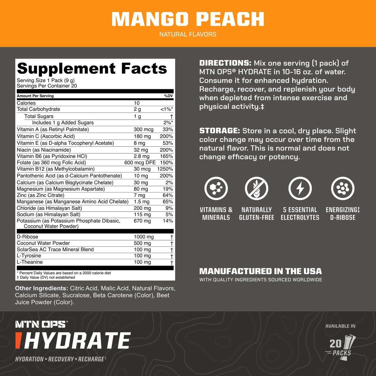 MTN OPS Hydrate Sugar Free Electrolyte Packets Mango Peach Powder, 6 Packets
