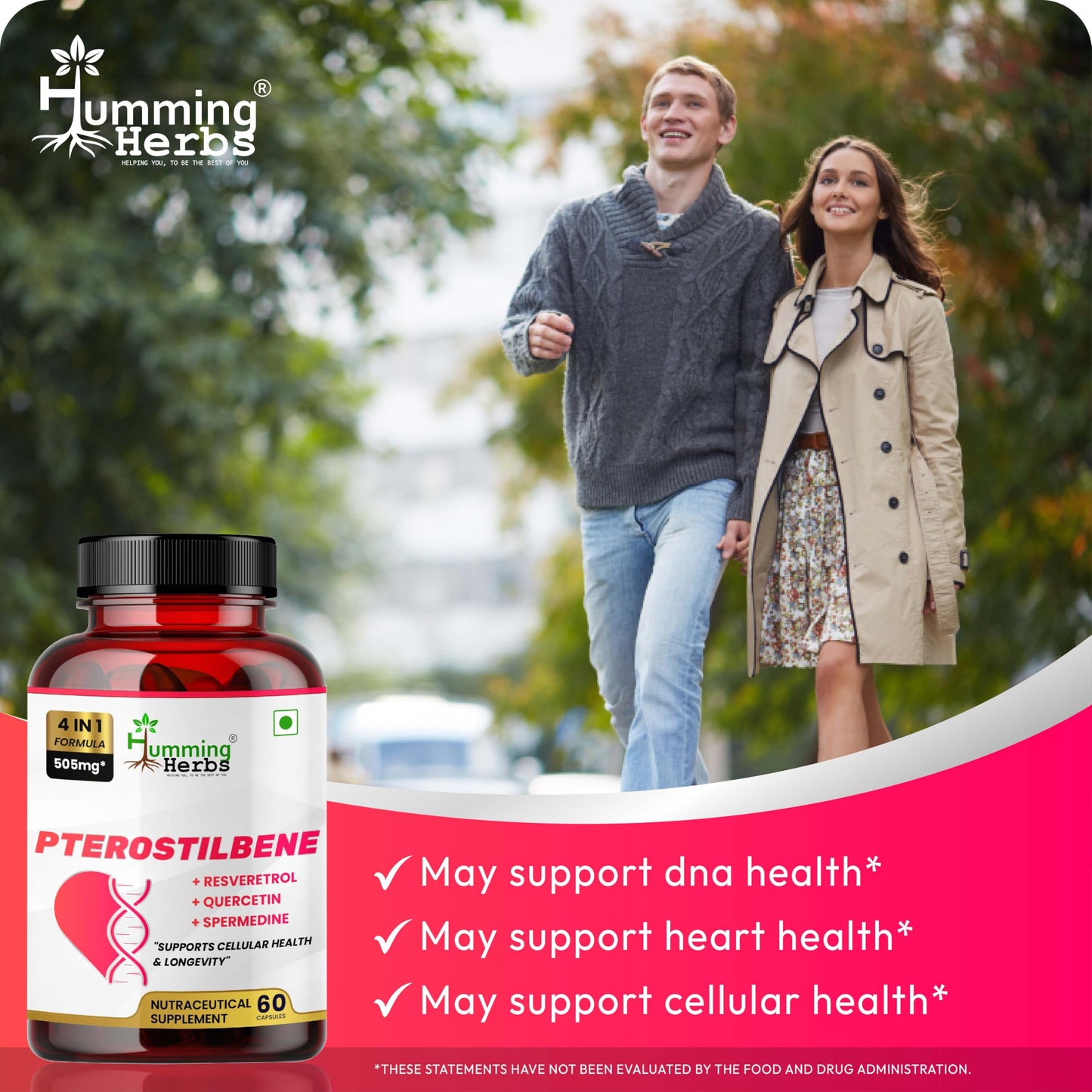Humming Herbs Pterostilbene Supplement Complex with Trans-Resveratrol, Quercetin & Spermidine – Antioxidant Support for Cellular Health Capsule, 60 Capsules