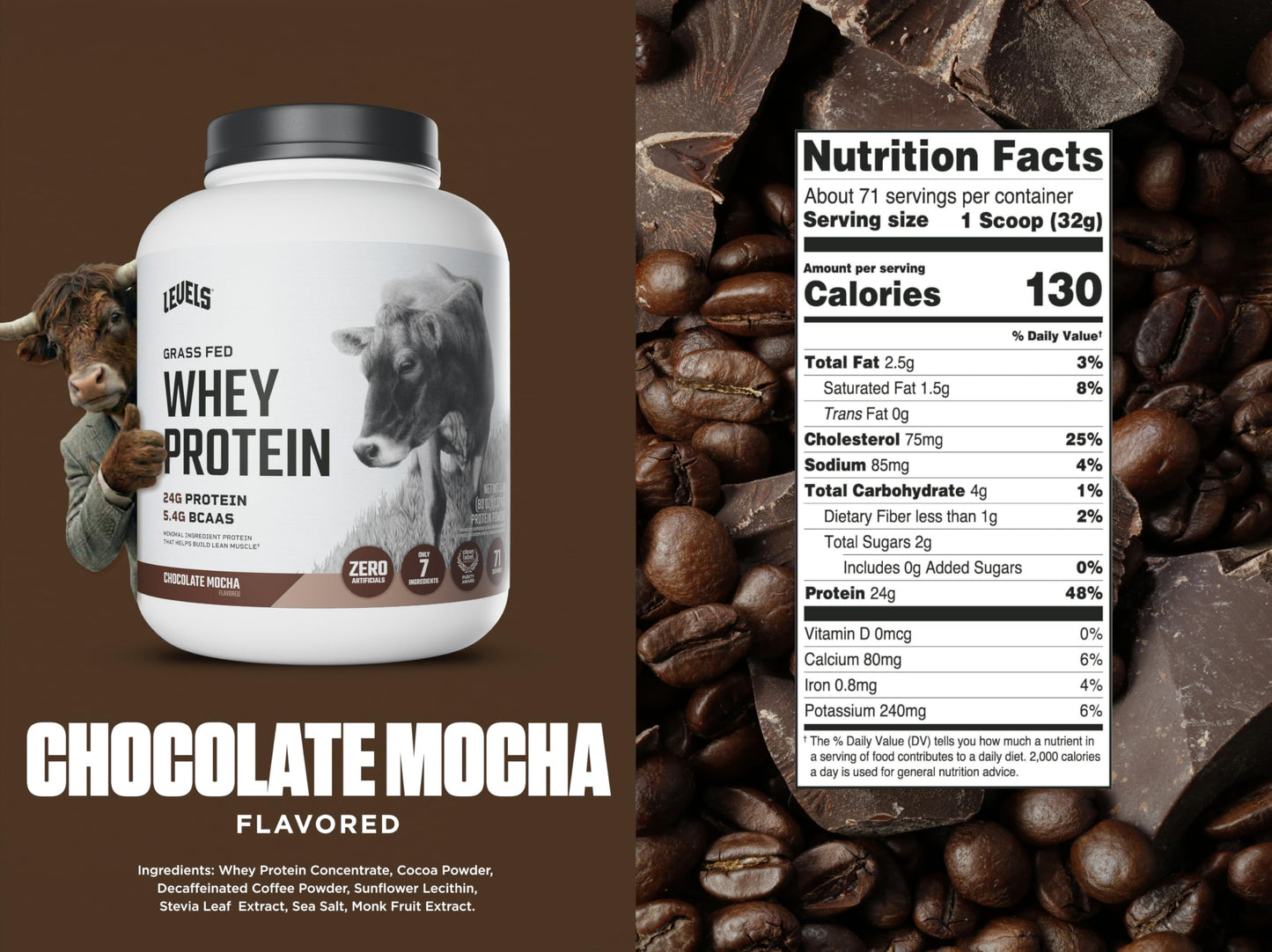 Levels Nutrition Grass Fed Whey Protein Powder, Chocolate Mocha, 80 Servings